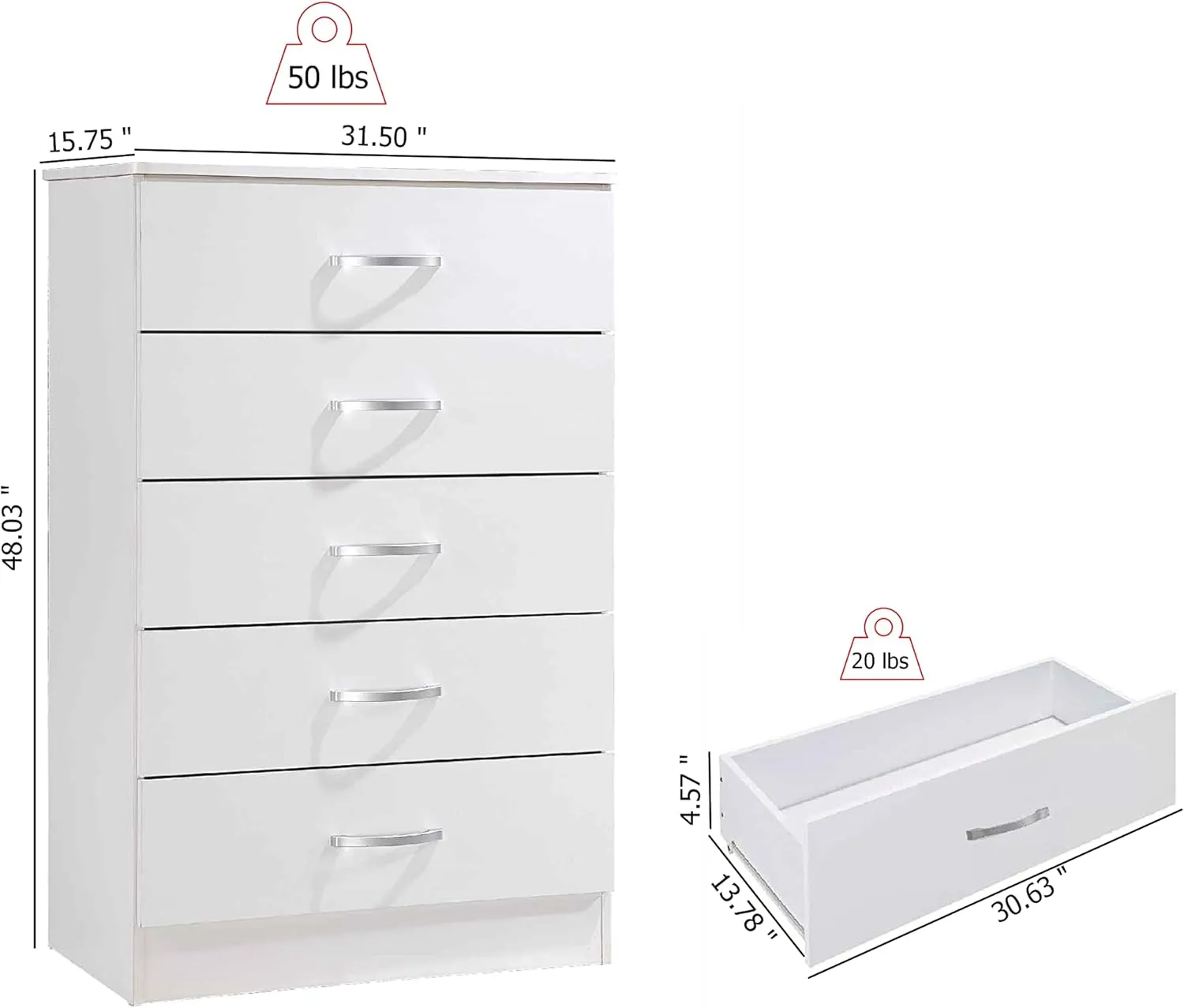 HODEDAH 5 Drawer Wood Dresser for Bedroom, Chest of Drawers with Metal Rails for Support when Storing Clothing, White