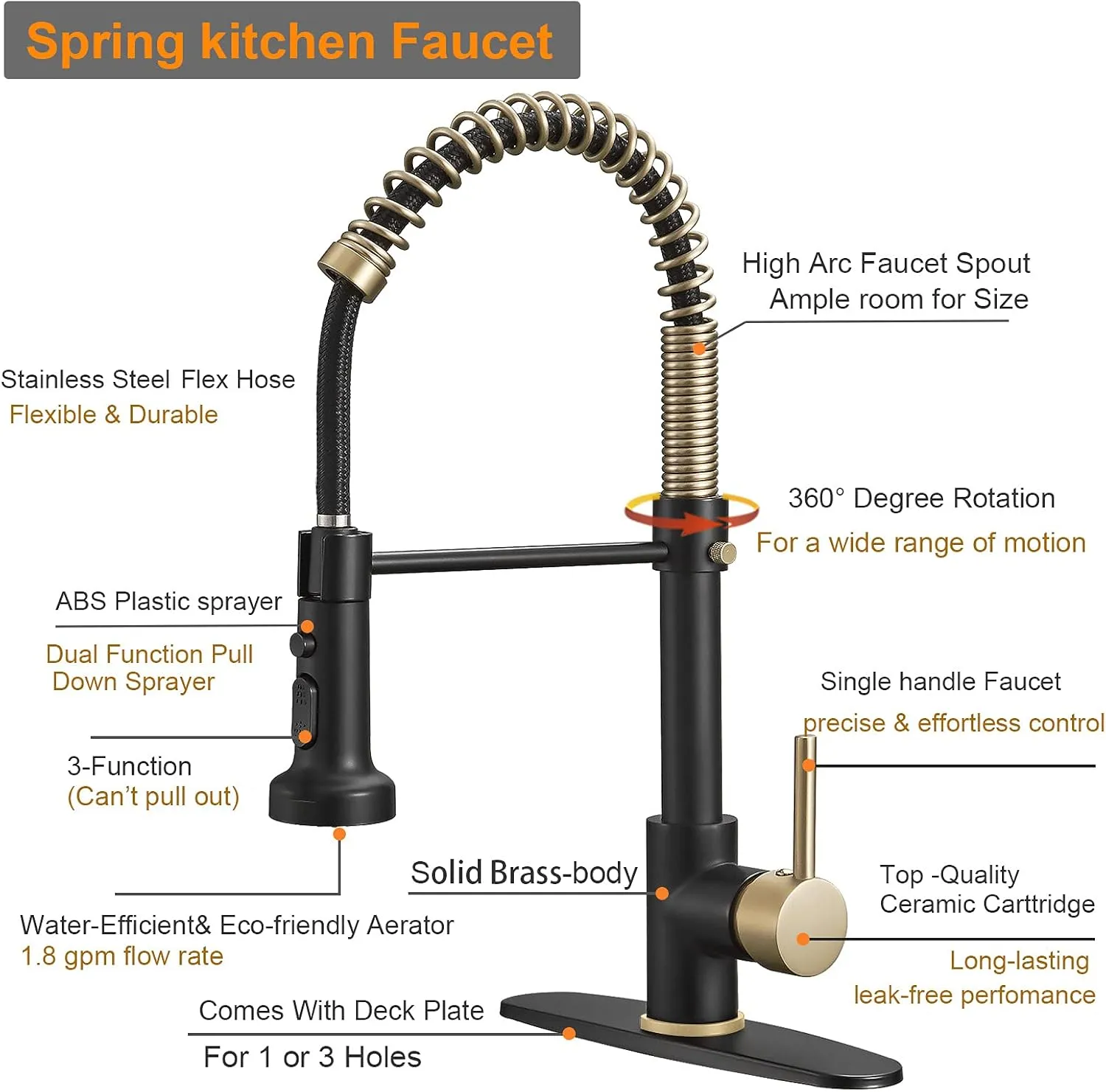 Hoimpro Matte Black&Brushed Gold Spring Kitchen Faucet with Pull Down Sprayer, Rv Paint Kitchen Sink Faucets with Pull Out Sprayer,3 Function Single Handle Laundry Faucet Single 3 Hole