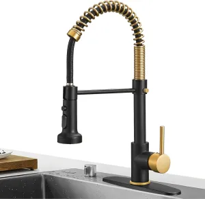 Hoimpro Matte Black&Brushed Gold Spring Kitchen Faucet with Pull Down Sprayer, Rv Paint Kitchen Sink Faucets with Pull Out Sprayer,3 Function Single Handle Laundry Faucet Single 3 Hole