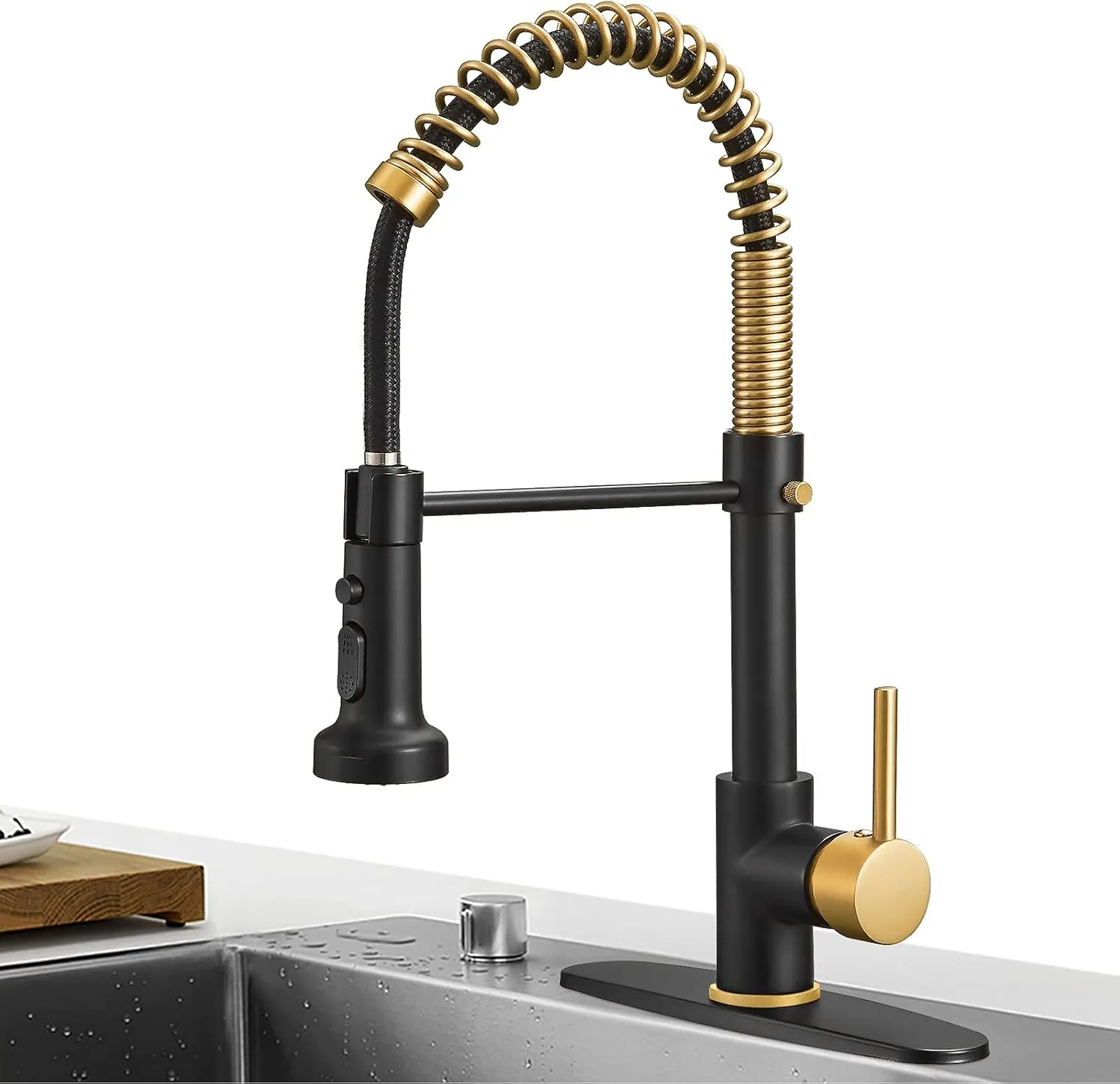 Hoimpro Matte Black&Brushed Gold Spring Kitchen Faucet with Pull Down Sprayer, Rv Paint Kitchen Sink Faucets with Pull Out Sprayer,3 Function Single Handle Laundry Faucet Single 3 Hole