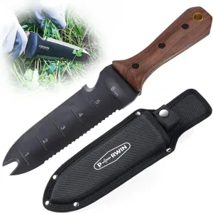 Hori Hori Garden Knife, Garden Tools with Sheath for Weeding,Planting,Digging, 7" Stainless Steel Blade with Cutting Edge, Full-Tang walnut Wood Handle with Hanging Hole