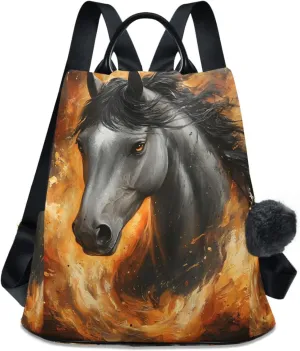 Horse Flame Backpack for Women Anti Theft Large Fashion Travel Shoulder Bag Purse Rucksack Lightweight
