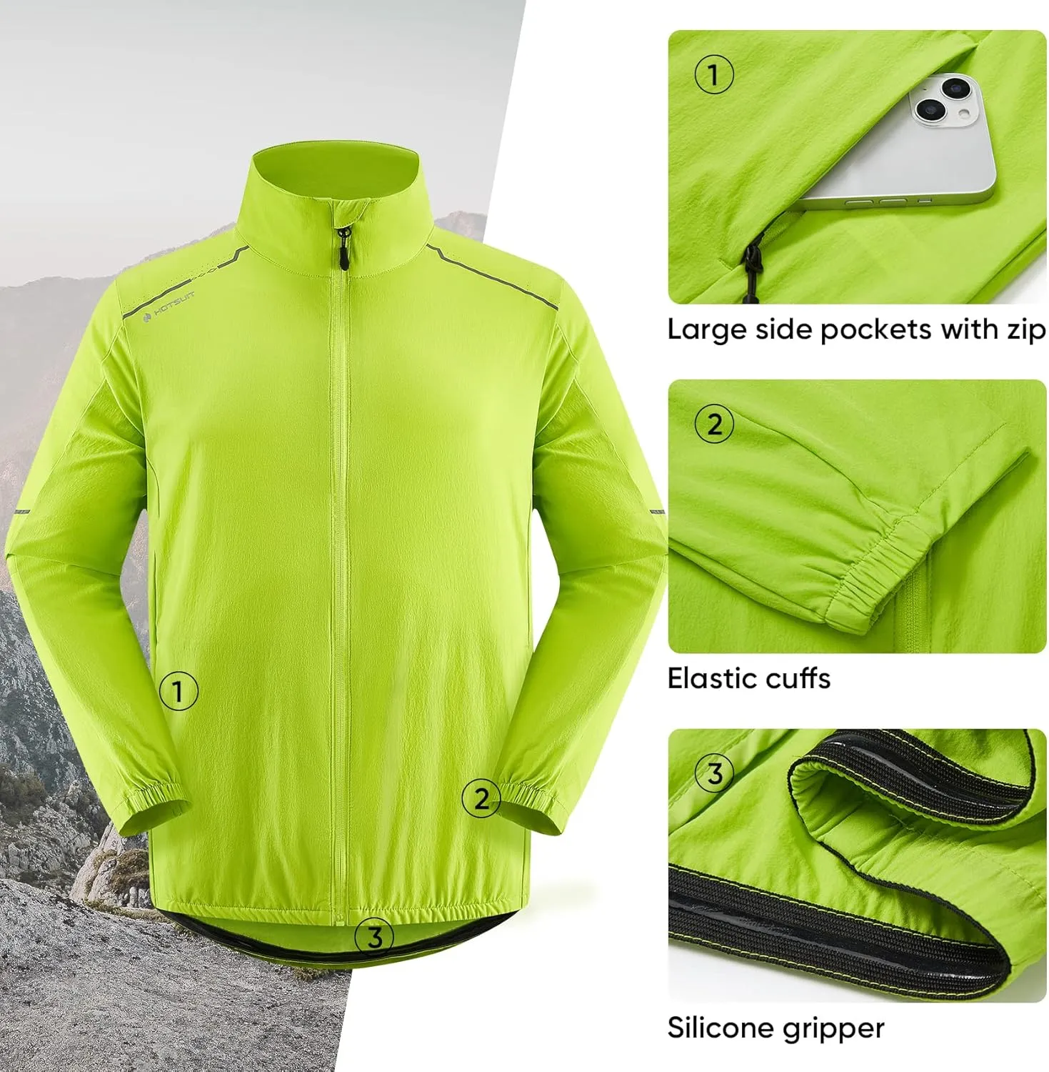 HOTSUIT Cycling Rain Jacket for Men Breathable Running Jacket Waterproof Biking Windbreaker