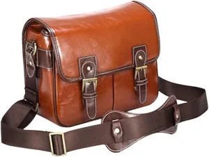 Housoutil Multi Function Leather Camera Bag Shoulder Messenger Pouch for Cameras Outdoor Photography and Travel Red Brown Color
