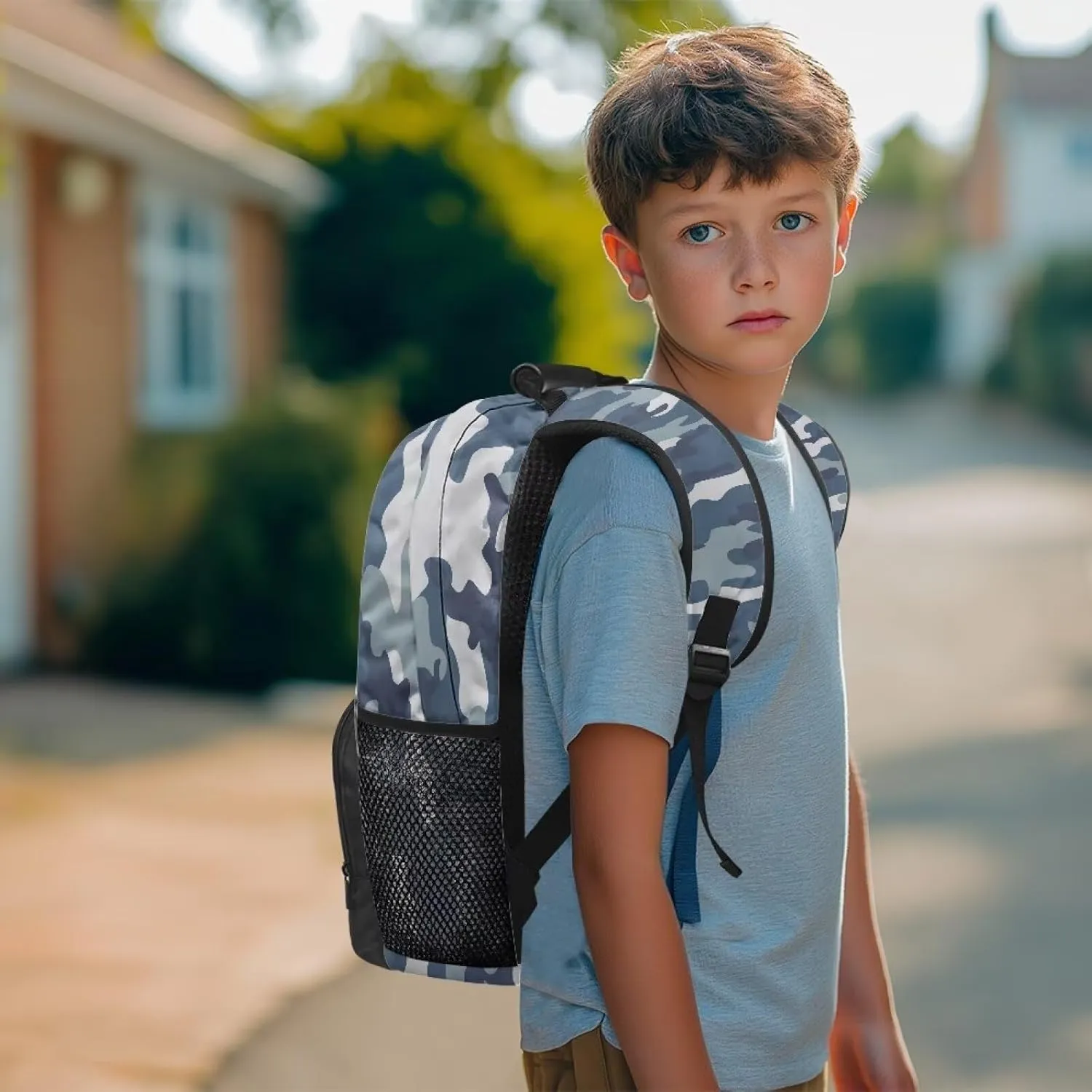 HUGS IDEA Blue Camo Backpack for Teens Boys Lightweight School Bags with Laptop Compartment Large Capacity Rucksack for Middle Students 17 Inch Children Bookbag for School Travel Hiking