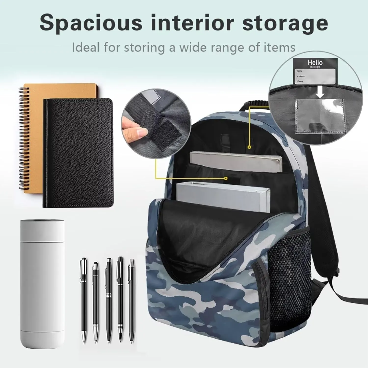 HUGS IDEA Blue Camo Backpack for Teens Boys Lightweight School Bags with Laptop Compartment Large Capacity Rucksack for Middle Students 17 Inch Children Bookbag for School Travel Hiking