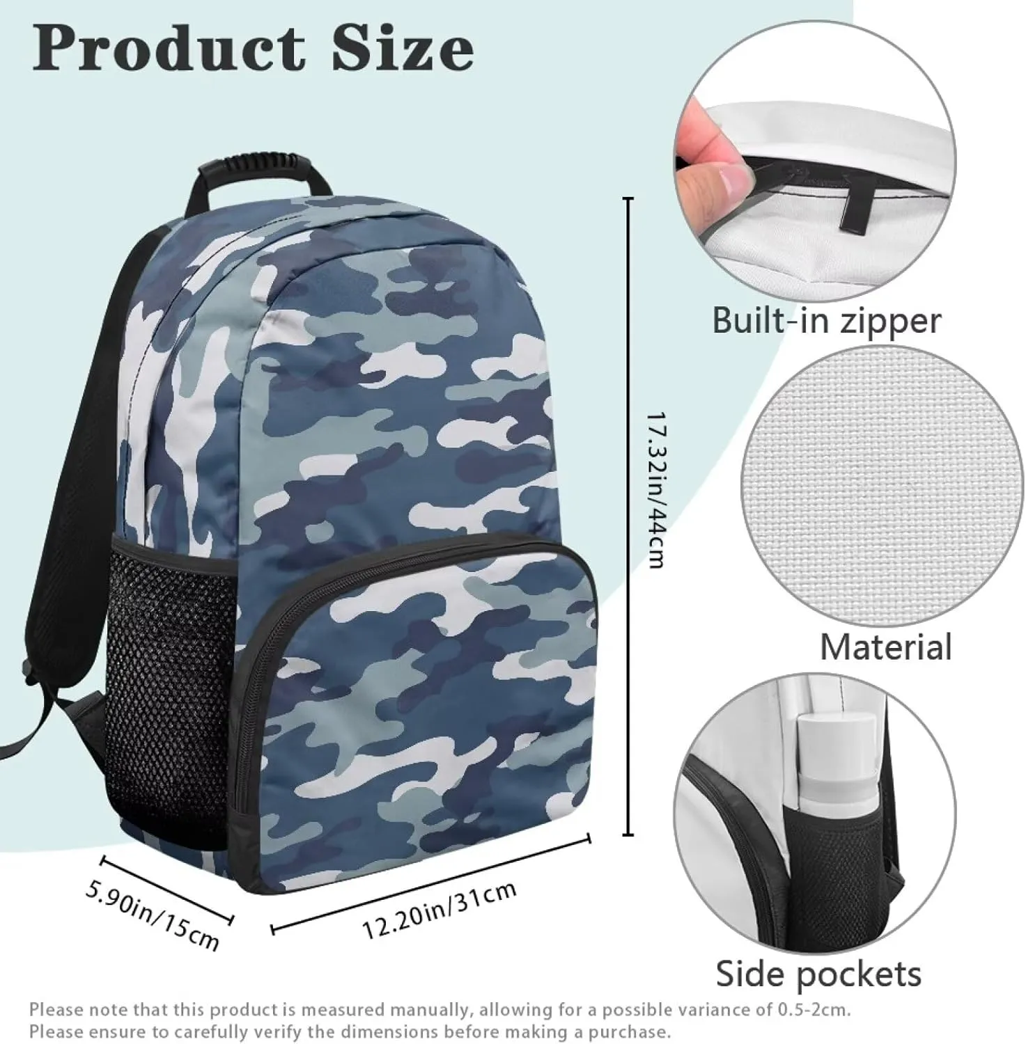 HUGS IDEA Blue Camo Backpack for Teens Boys Lightweight School Bags with Laptop Compartment Large Capacity Rucksack for Middle Students 17 Inch Children Bookbag for School Travel Hiking