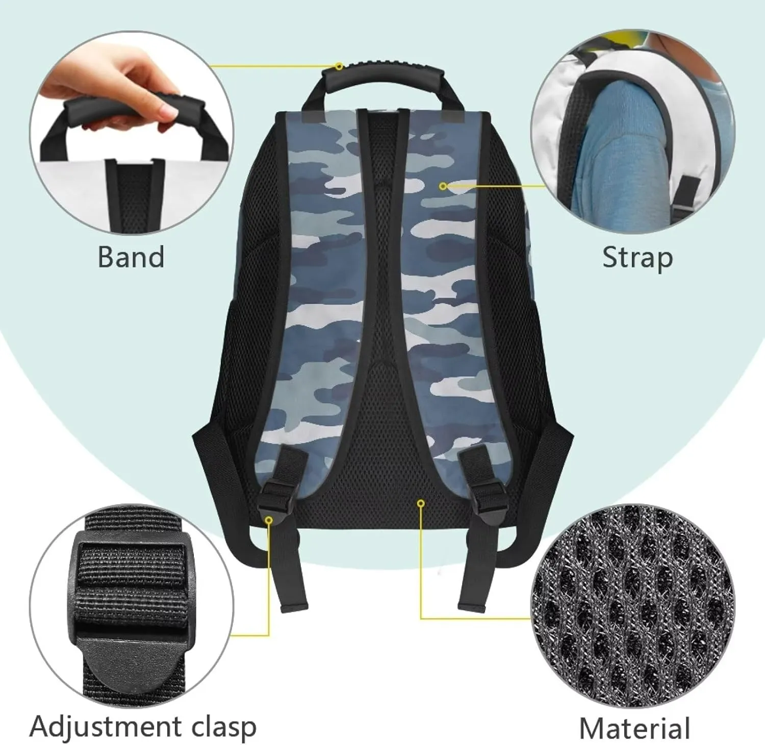 HUGS IDEA Blue Camo Backpack for Teens Boys Lightweight School Bags with Laptop Compartment Large Capacity Rucksack for Middle Students 17 Inch Children Bookbag for School Travel Hiking