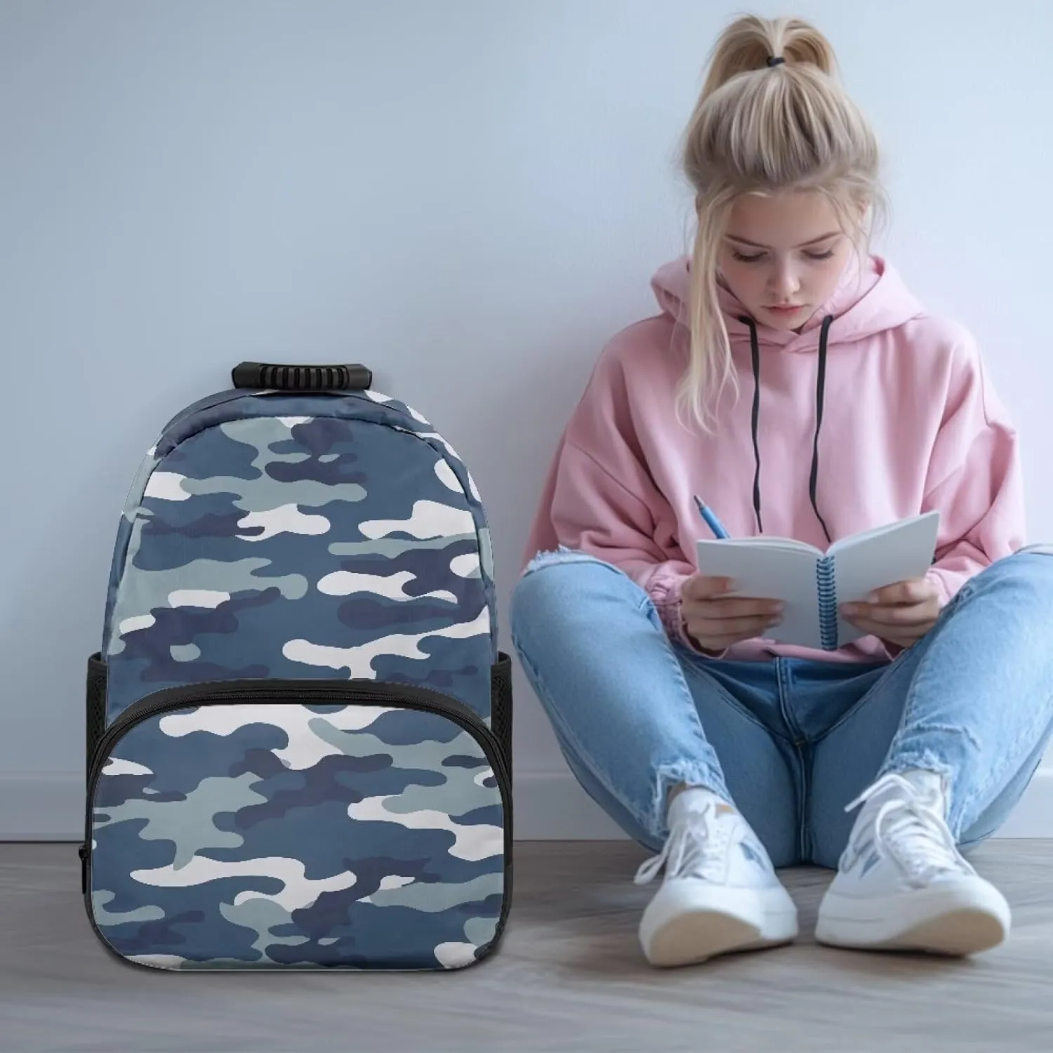 HUGS IDEA Blue Camo Backpack for Teens Boys Lightweight School Bags with Laptop Compartment Large Capacity Rucksack for Middle Students 17 Inch Children Bookbag for School Travel Hiking