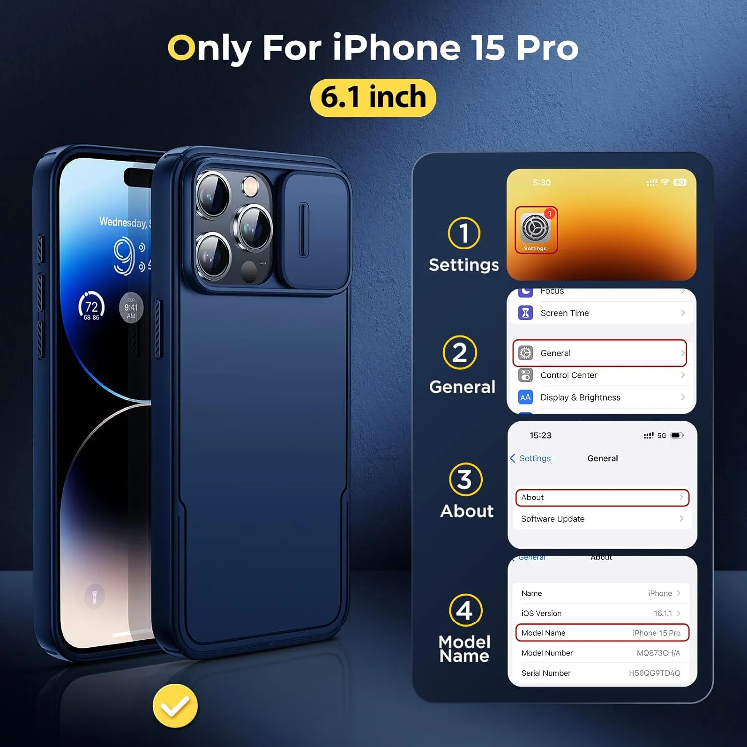 Humixx for iPhone 15 Pro Max Case with Camera Cover, [14 FT Drop Protection & Airbag Tech] [Snug Touch] Slim Protective Shockproof Bumper Hard Cover for iPhone 15 Pro Max Phone Case 6.7"- Blue