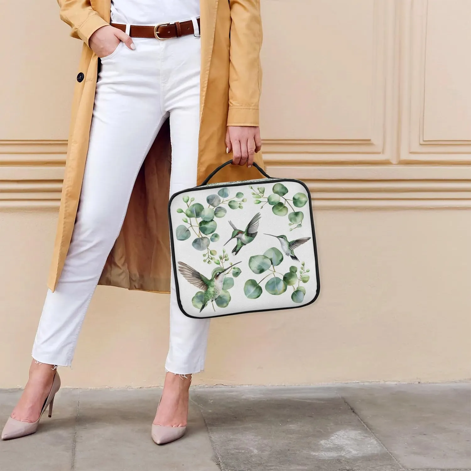 Hummingbird Travel Makeup Train Case Cosmetic Bag Organizer Portable Sage Green Eucalyptus Leaves Storage Bag with Adjustable Dividers for Cosmetics Makeup Brushes Toiletry Jewelry