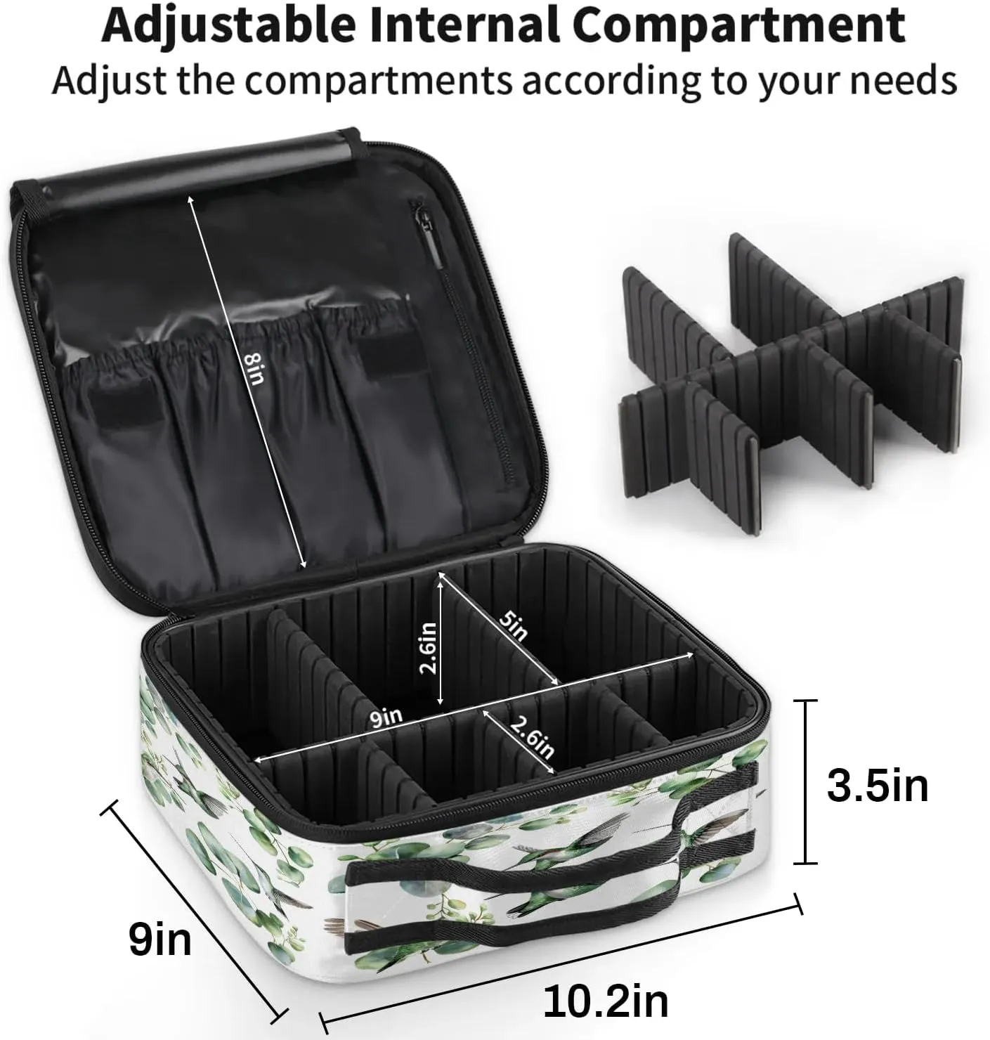 Hummingbird Travel Makeup Train Case Cosmetic Bag Organizer Portable Sage Green Eucalyptus Leaves Storage Bag with Adjustable Dividers for Cosmetics Makeup Brushes Toiletry Jewelry