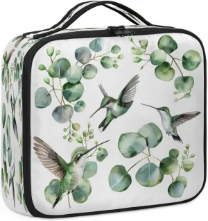 Hummingbird Travel Makeup Train Case Cosmetic Bag Organizer Portable Sage Green Eucalyptus Leaves Storage Bag with Adjustable Dividers for Cosmetics Makeup Brushes Toiletry Jewelry
