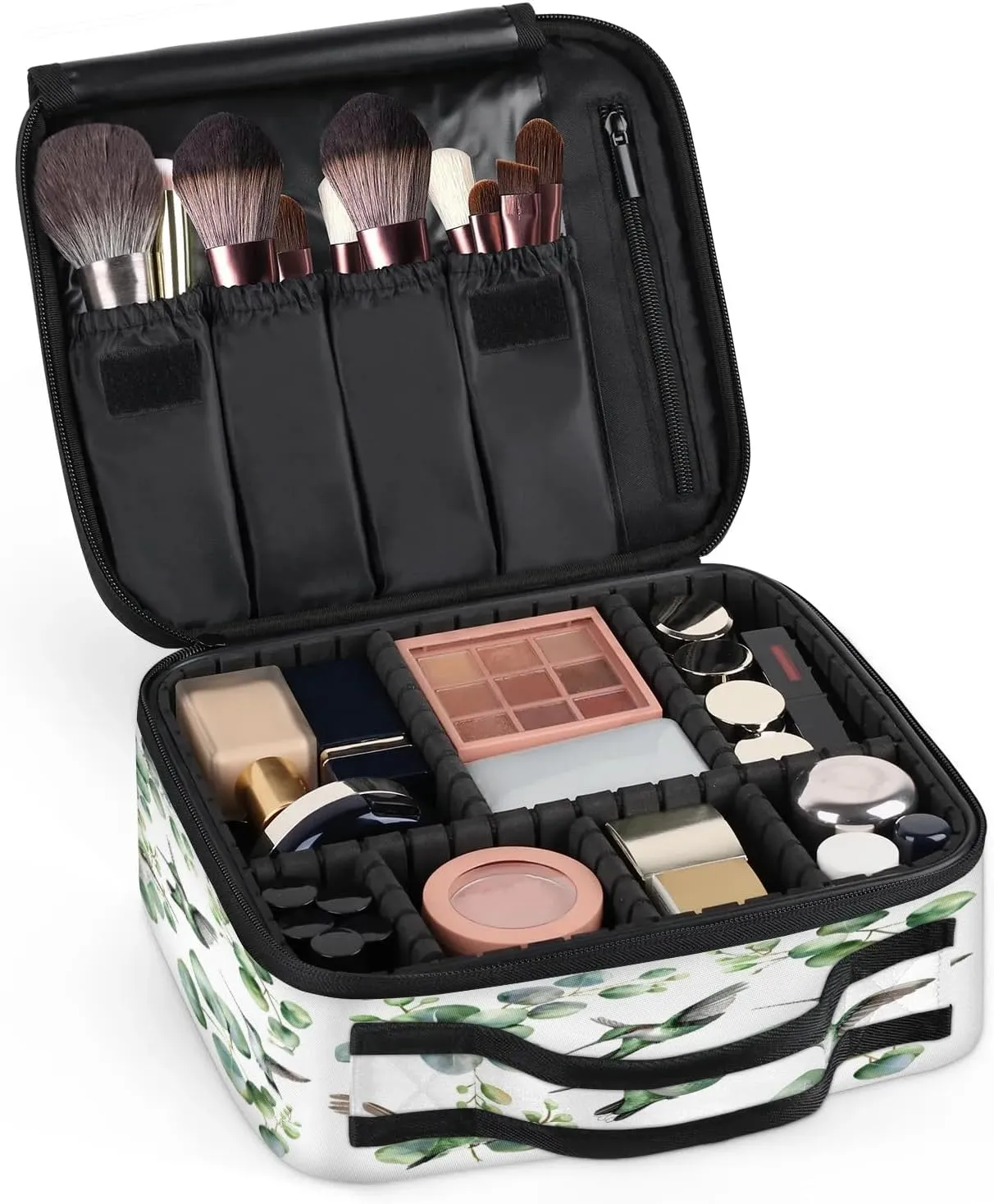 Hummingbird Travel Makeup Train Case Cosmetic Bag Organizer Portable Sage Green Eucalyptus Leaves Storage Bag with Adjustable Dividers for Cosmetics Makeup Brushes Toiletry Jewelry