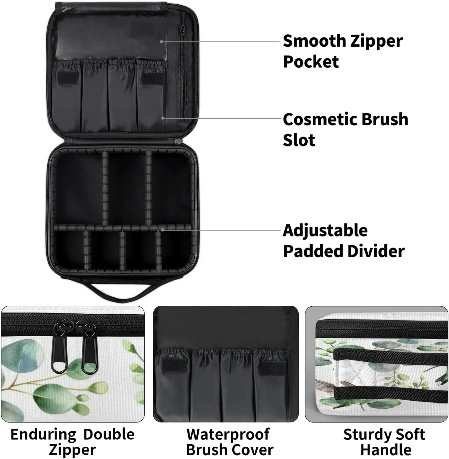 Hummingbird Travel Makeup Train Case Cosmetic Bag Organizer Portable Sage Green Eucalyptus Leaves Storage Bag with Adjustable Dividers for Cosmetics Makeup Brushes Toiletry Jewelry