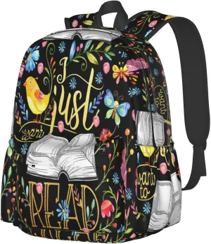 I Just Want To Read Black Floral Laptop Backpack Shoulder Bag Laptop Pack Travel Backpacks Commuter Back Pack Casual Daypack Bags With Side Pockets