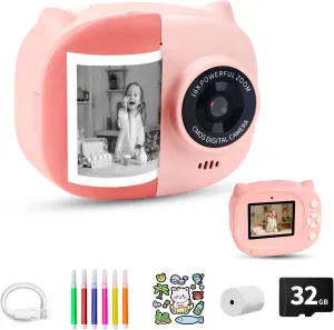 Instant Print Camera Toy for Kids, Girls Birthday Gifts for 3 4 5 6 7 8 Year Old Learning Music Story Player, 1080P HD Dual-Lens Creative Instant Camera, Pink