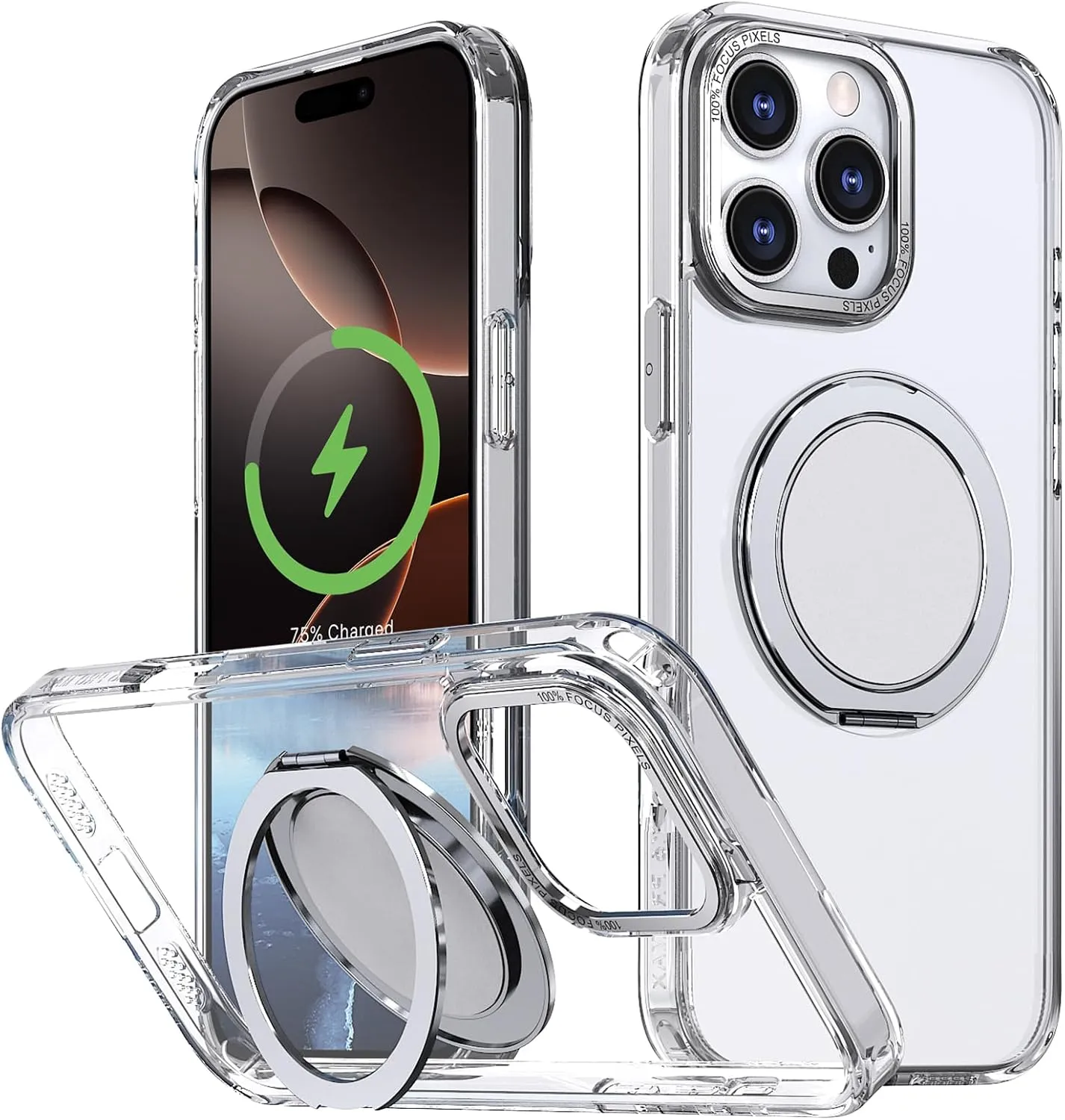 IYH 360° Rotatable Stand for iPhone 16 Pro Max Case [Compatible with Magsafe], Magnetic Ring Military Grade Shockproof Translucent Back,Matte(White)