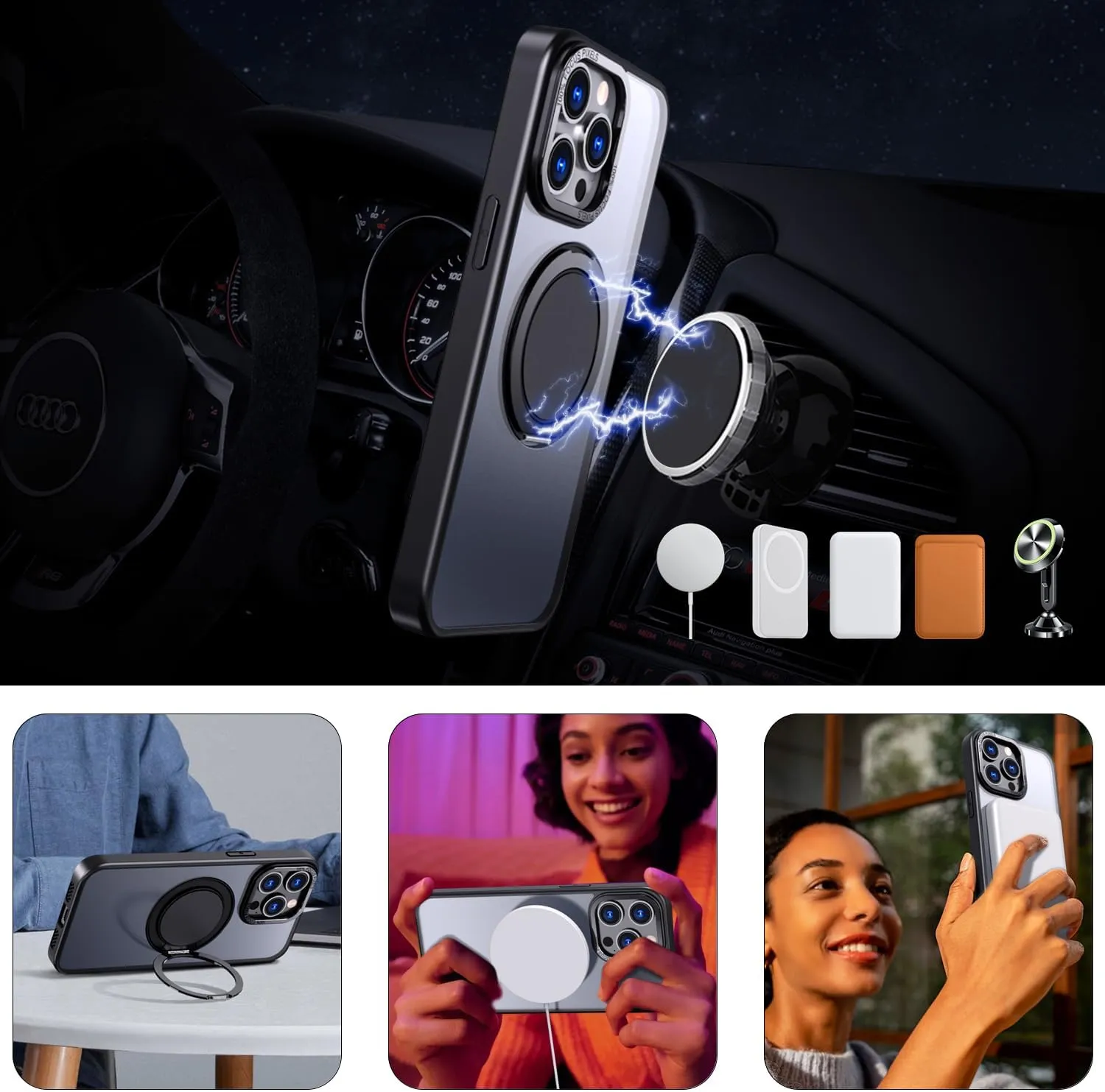 IYH 360° Rotatable Stand for iPhone 16 Pro Max Case [Compatible with Magsafe], Magnetic Ring Military Grade Shockproof Translucent Back,Matte(White)