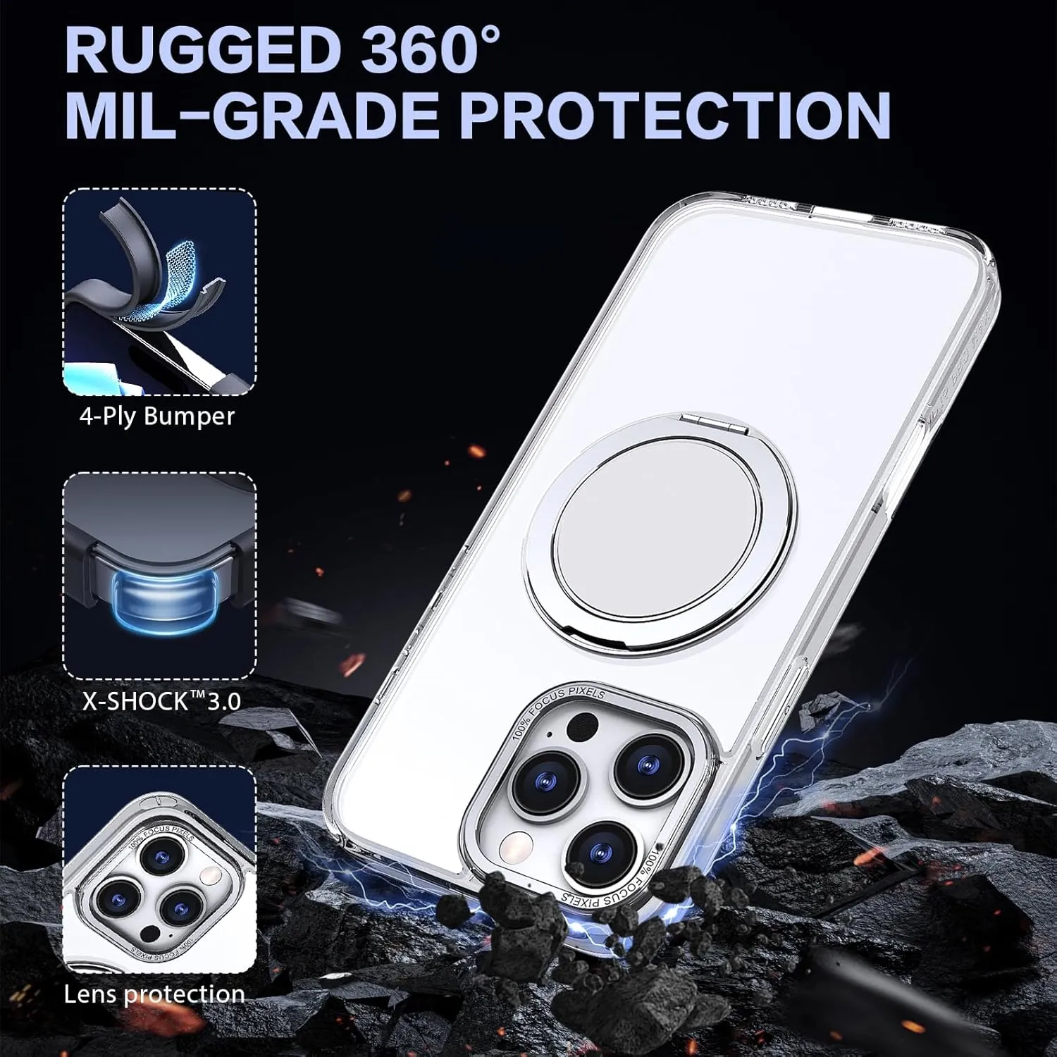 IYH 360° Rotatable Stand for iPhone 16 Pro Max Case [Compatible with Magsafe], Magnetic Ring Military Grade Shockproof Translucent Back,Matte(White)