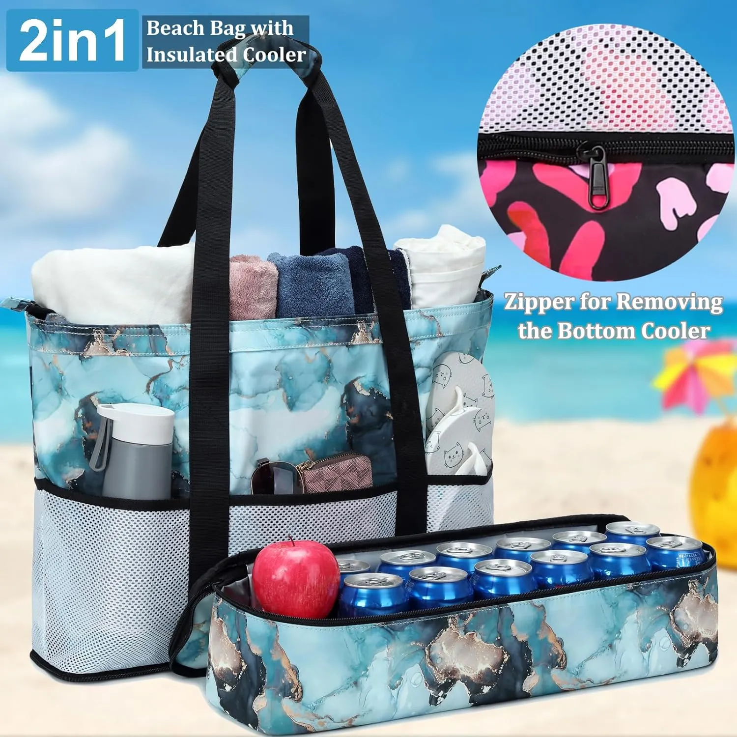 JIANYA Beach Bag Women Waterproof Sandproof Beach Tote Bags with Cooler Top Zipper Large Totes for Pool Travel Daily