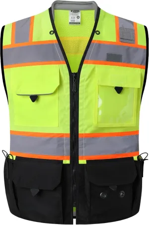 JKSafety Hi-Vis Unisex Surveyor Safety Vest Heavy Duty PPE Inner Pockets ANSI/ISEA Compliant (188-YBlk L)