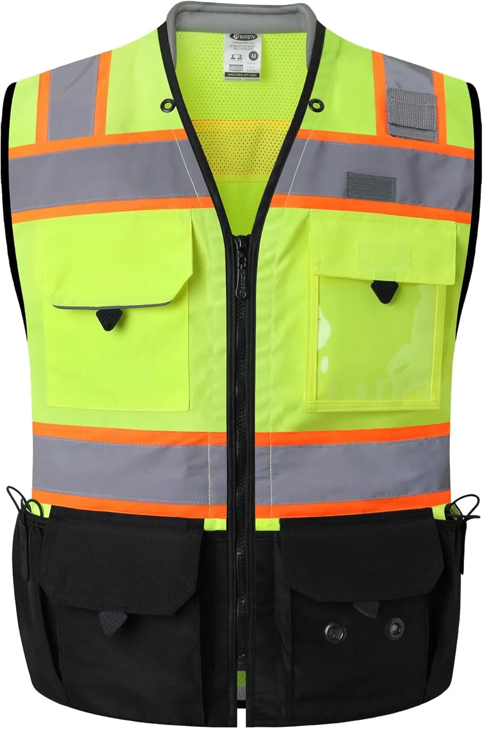 JKSafety Hi-Vis Unisex Surveyor Safety Vest Heavy Duty PPE Inner Pockets ANSI/ISEA Compliant (188-YBlk L)