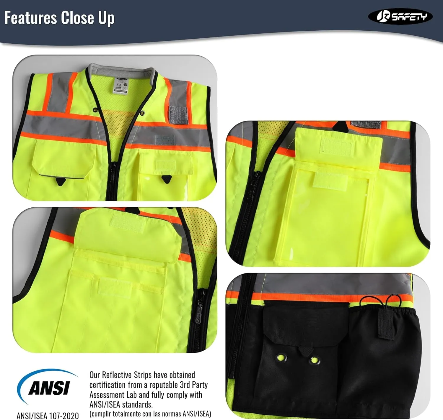 JKSafety Hi-Vis Unisex Surveyor Safety Vest Heavy Duty PPE Inner Pockets ANSI/ISEA Compliant (188-YBlk L)