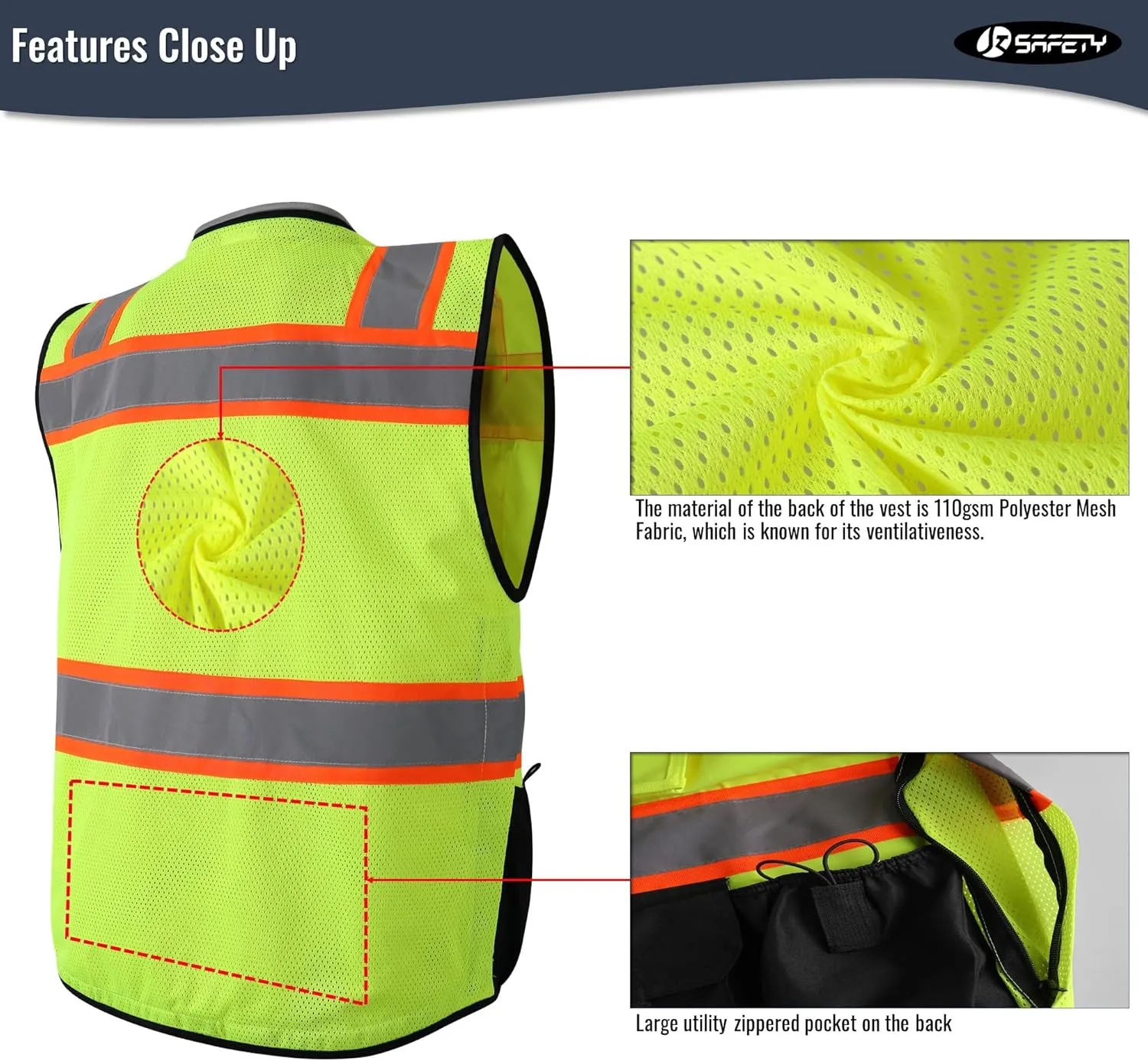 JKSafety Hi-Vis Unisex Surveyor Safety Vest Heavy Duty PPE Inner Pockets ANSI/ISEA Compliant (188-YBlk L)