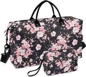 Joko Ivery Black Cherry Blossom Flower Travel Duffel Bags for Men Women 34L Weekender Overnight Bag with Toiletry Bag Travel Necessities with Comfort Handle for Storage Business Trips Sports