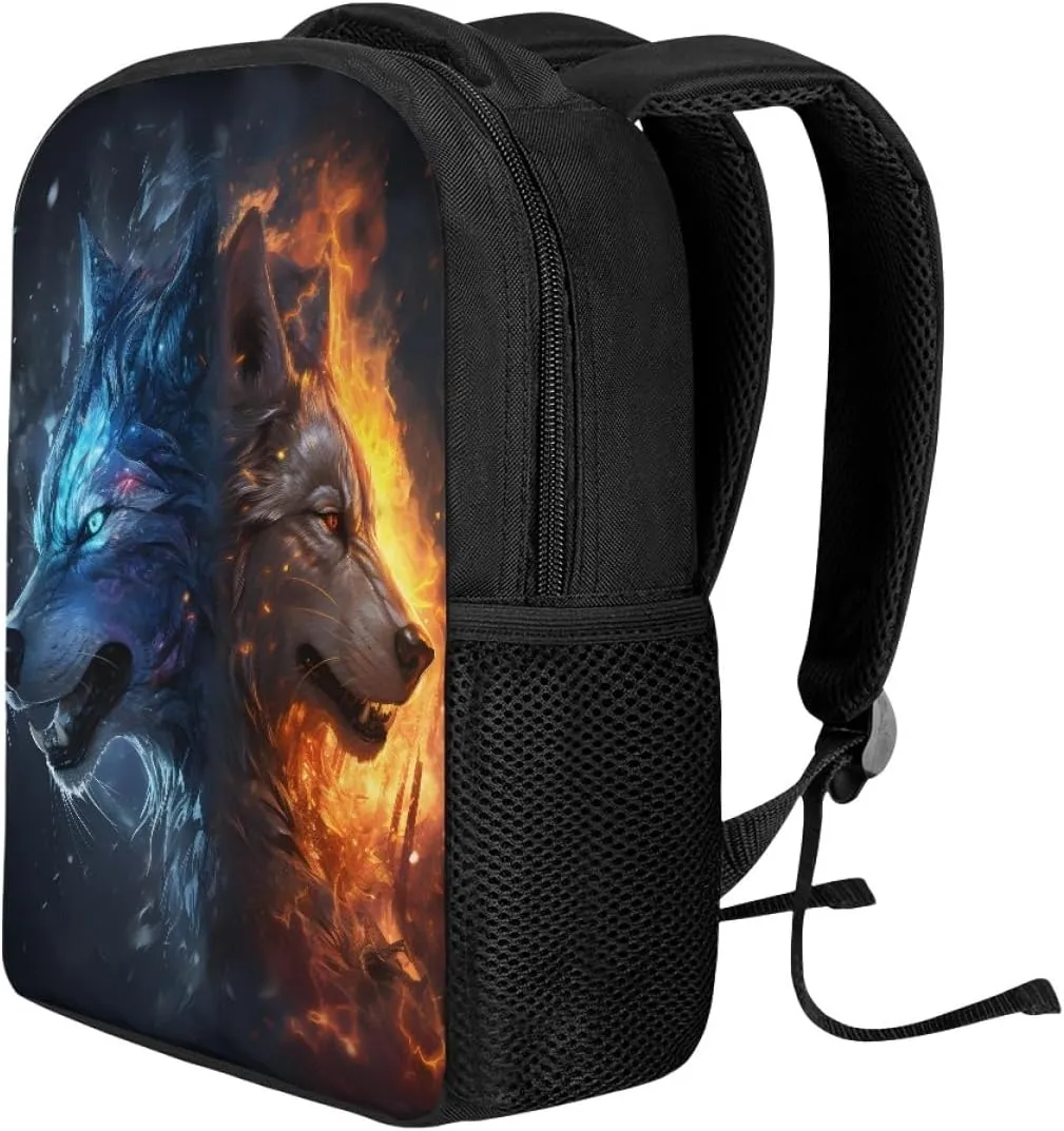 JooMeryer Kids Animal Backpack Cool Wolf Fox Print Shoulder Bag for Boys Girls Teenager Casual Rucksack Schoolbag, 12inch,Fire Ice Wolf
