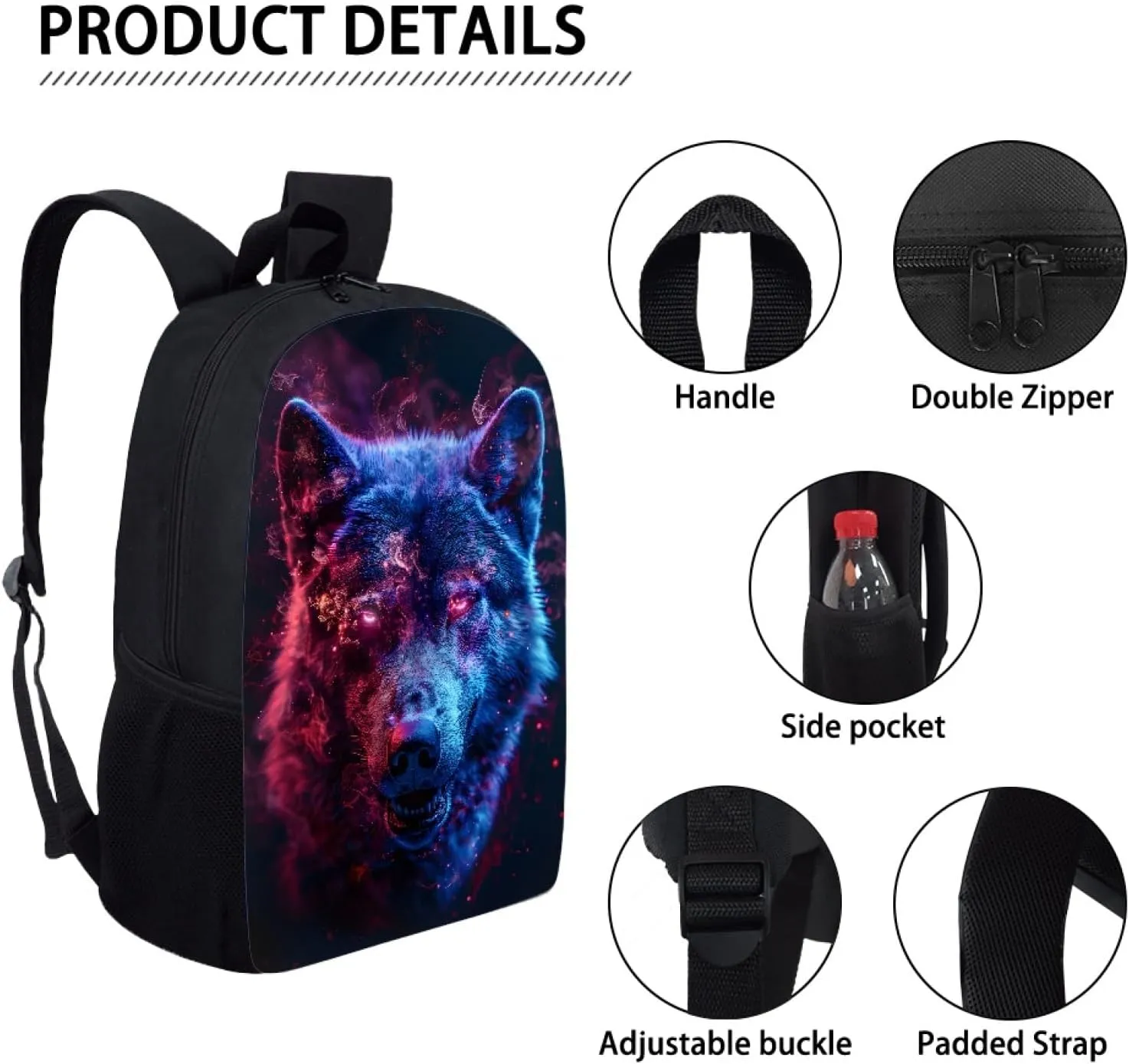 JooMeryer Wolf Backpack for Kids, School Bag Daypack Bag Book Bags Travel Backpack Rucksack Knapsack for Men Boy,Black Blue Wolf Head