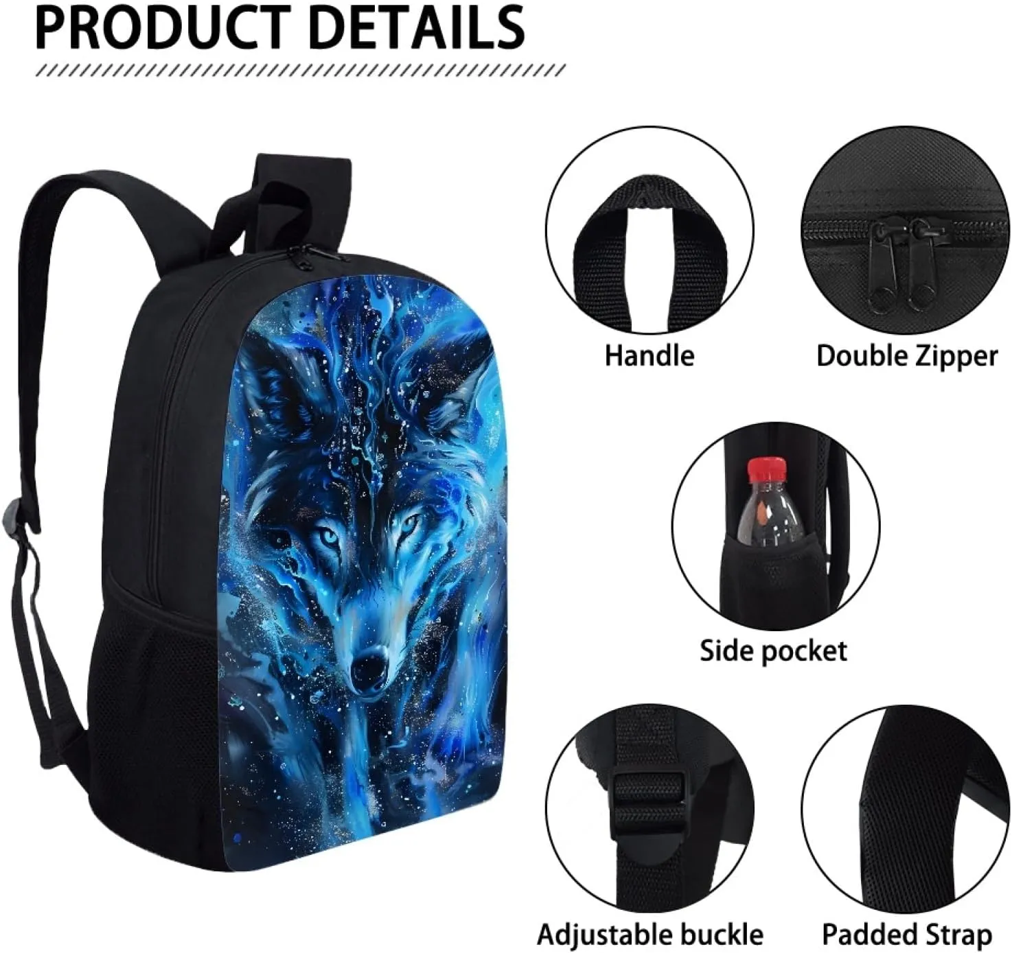 JooMeryer Wolf Backpack for Kids, School Bag Daypack Bag Book Bags Travel Backpack Rucksack Knapsack for Men Boy,Blue Smoke Wolf