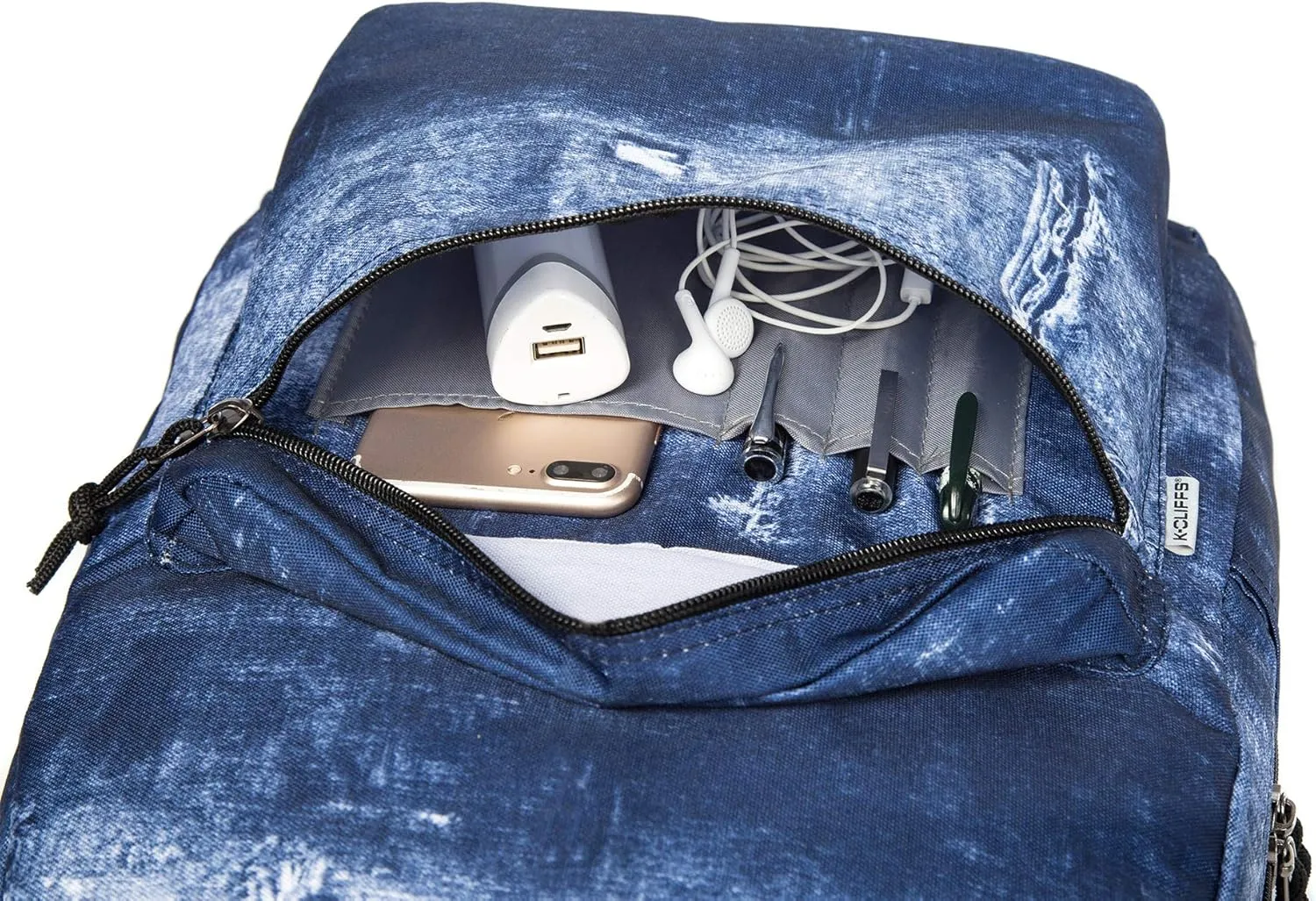 K-Cliffs Classic Backpack Basic Student Campus Daypack Simple Travel Rucksack with Chromebook Laptop Pocket Water Bottle Holder Padded Straps Printed Blue Jeans Pattern