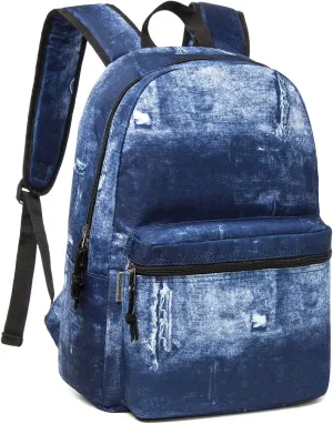 K-Cliffs Classic Backpack Basic Student Campus Daypack Simple Travel Rucksack with Chromebook Laptop Pocket Water Bottle Holder Padded Straps Printed Blue Jeans Pattern