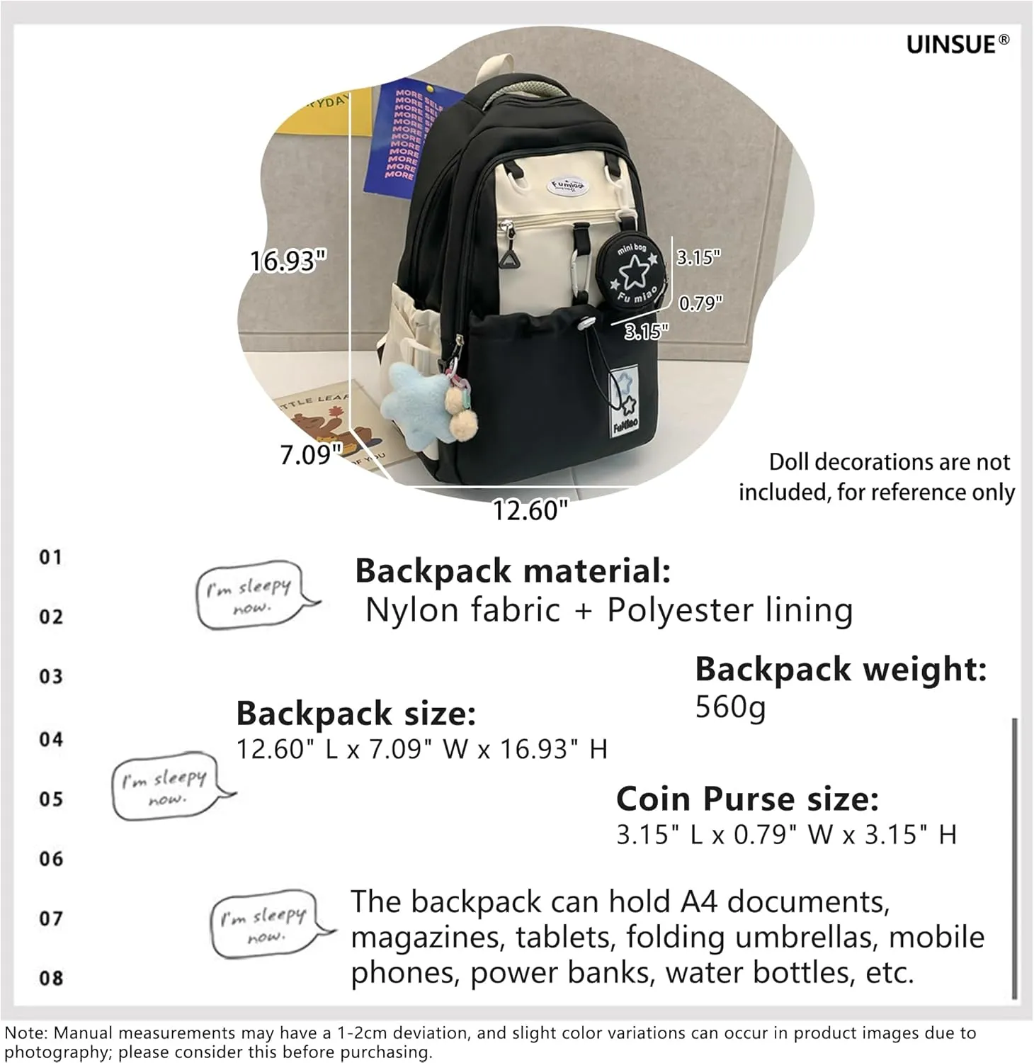 Kawaii Backpack Double Shoulder Straps Large Capacity Japanese Style Dopamine Color Daypack for Men and Women Fits Laptops Up to 15.6" (Black)