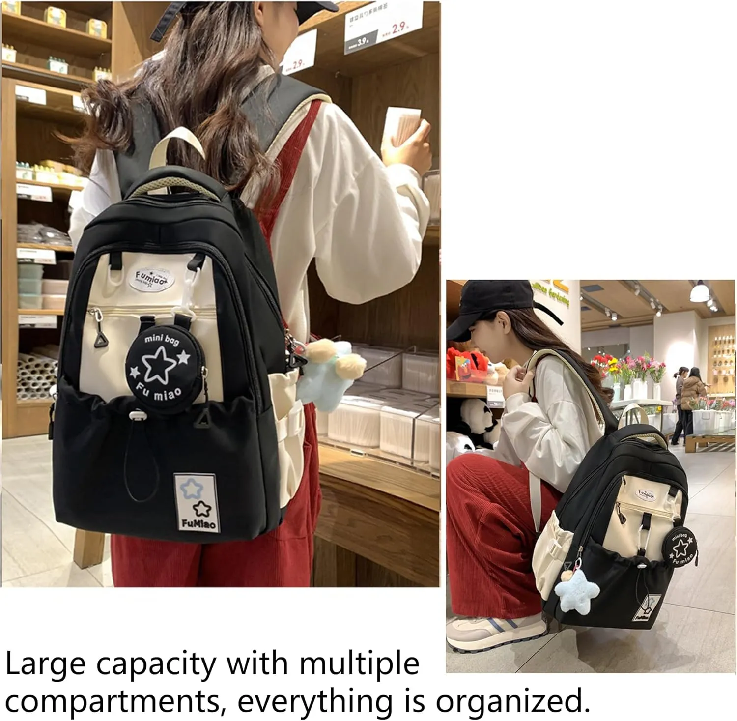 Kawaii Backpack Double Shoulder Straps Large Capacity Japanese Style Dopamine Color Daypack for Men and Women Fits Laptops Up to 15.6" (Black)