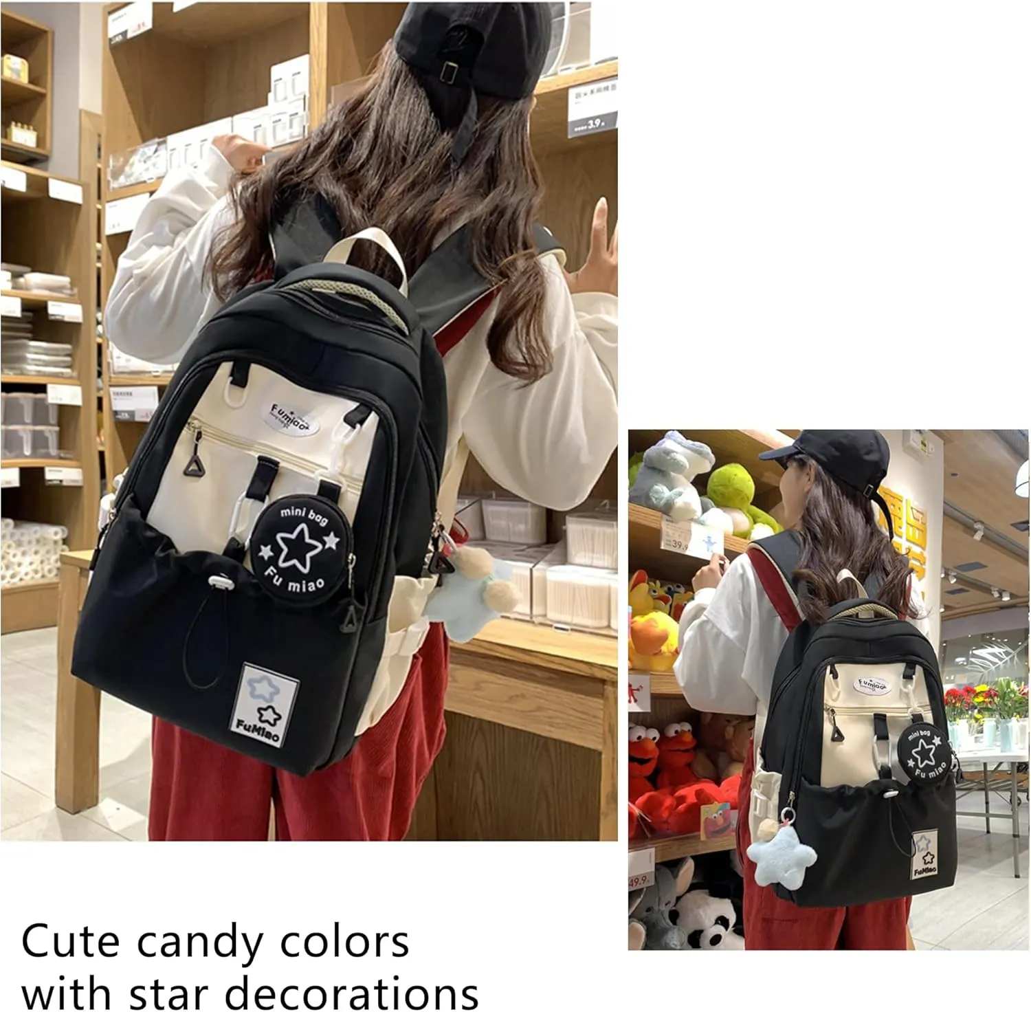 Kawaii Backpack Double Shoulder Straps Large Capacity Japanese Style Dopamine Color Daypack for Men and Women Fits Laptops Up to 15.6" (Black)