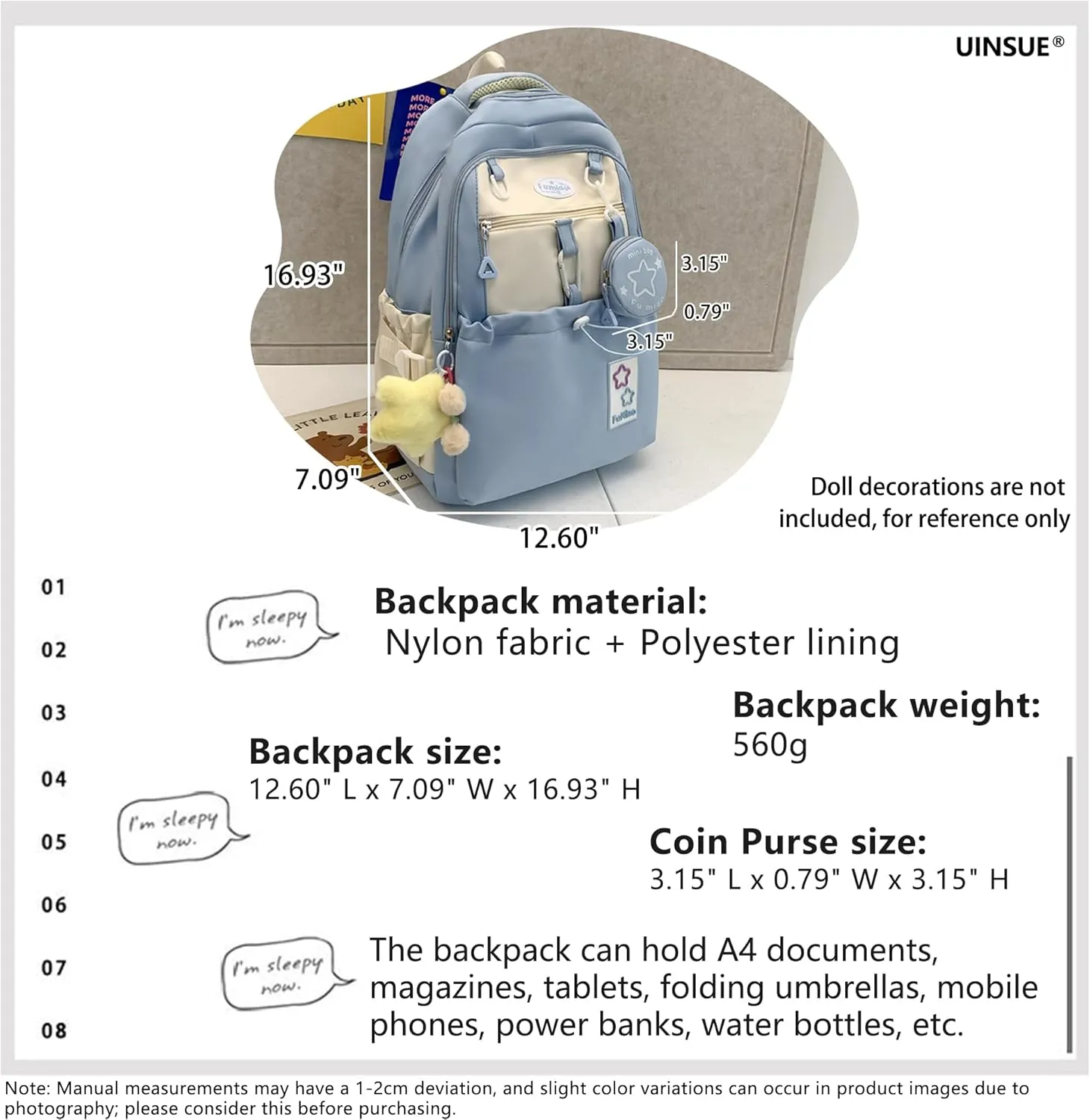 Kawaii Backpack Double Shoulder Straps Large Capacity Japanese Style Dopamine Color Daypack for Men and Women Fits Laptops Up to 15.6" (Blue)