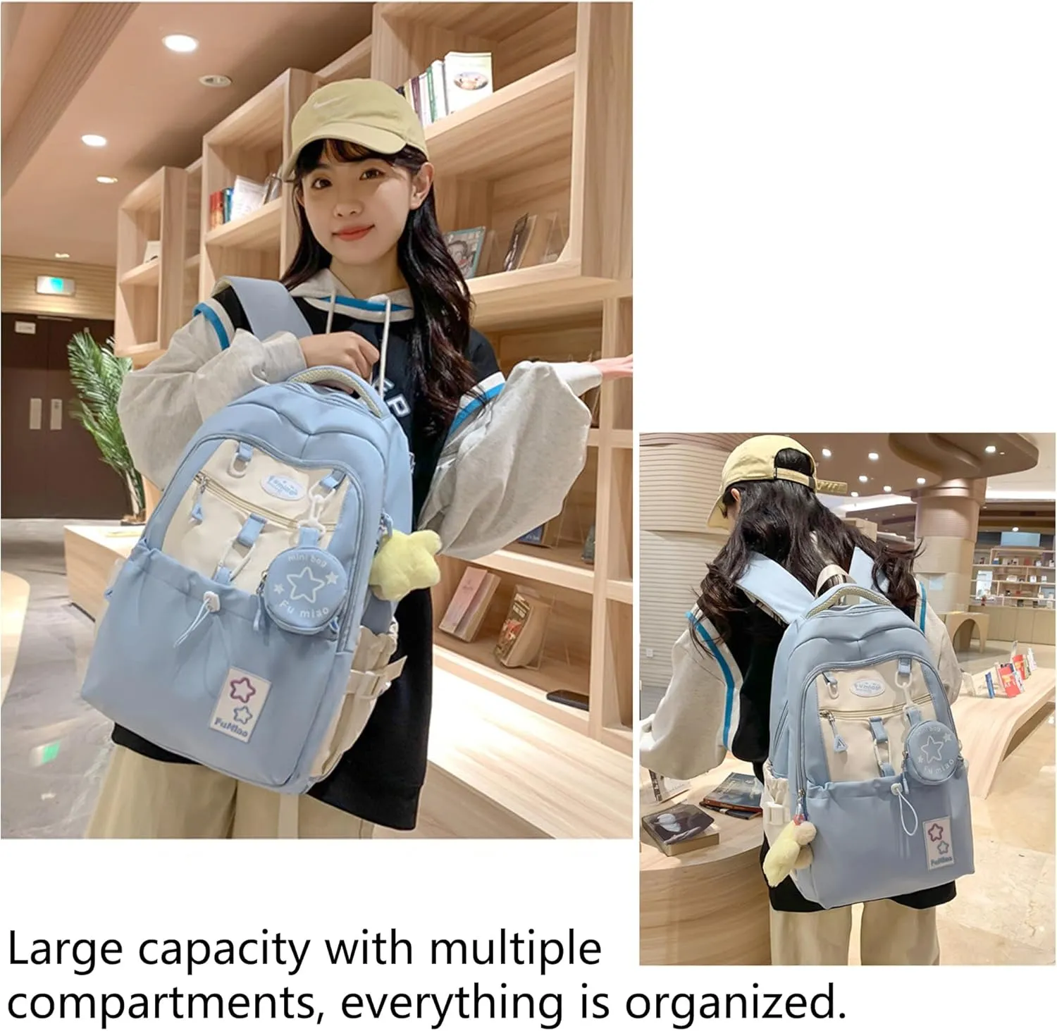 Kawaii Backpack Double Shoulder Straps Large Capacity Japanese Style Dopamine Color Daypack for Men and Women Fits Laptops Up to 15.6" (Blue)