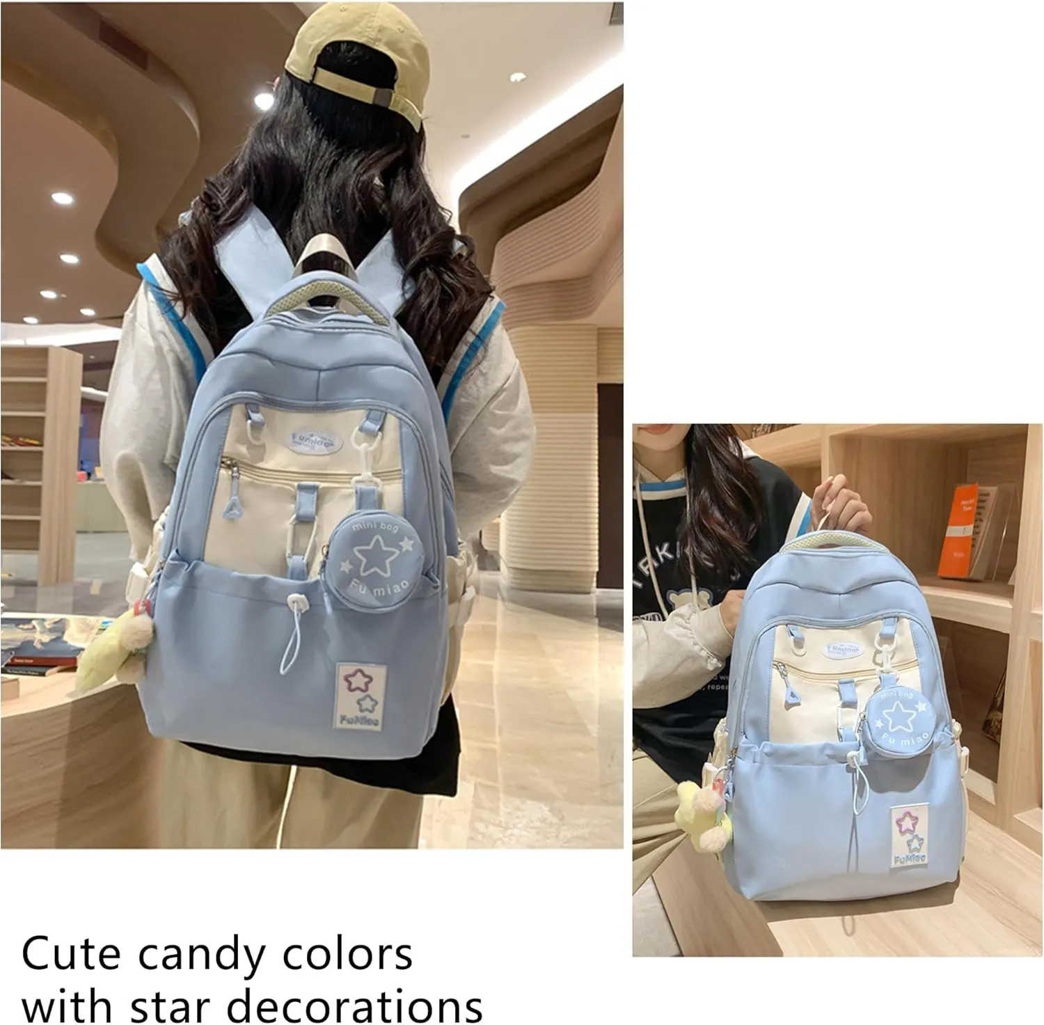 Kawaii Backpack Double Shoulder Straps Large Capacity Japanese Style Dopamine Color Daypack for Men and Women Fits Laptops Up to 15.6" (Blue)