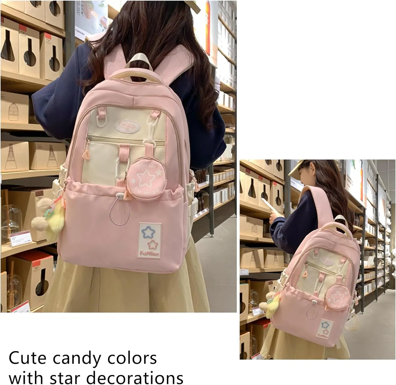 Kawaii Backpack Double Shoulder Straps Large Capacity Japanese Style Dopamine Color Daypack for Men and Women Fits Laptops Up to 15.6" (Pink)
