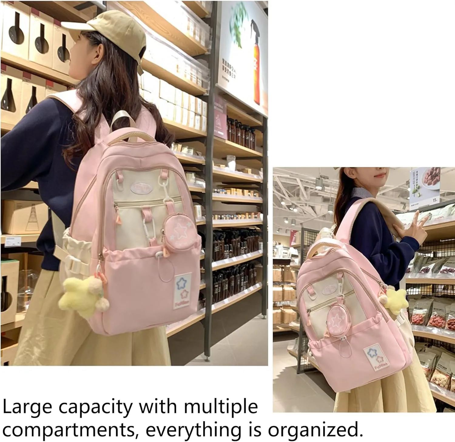 Kawaii Backpack Double Shoulder Straps Large Capacity Japanese Style Dopamine Color Daypack for Men and Women Fits Laptops Up to 15.6" (Pink)
