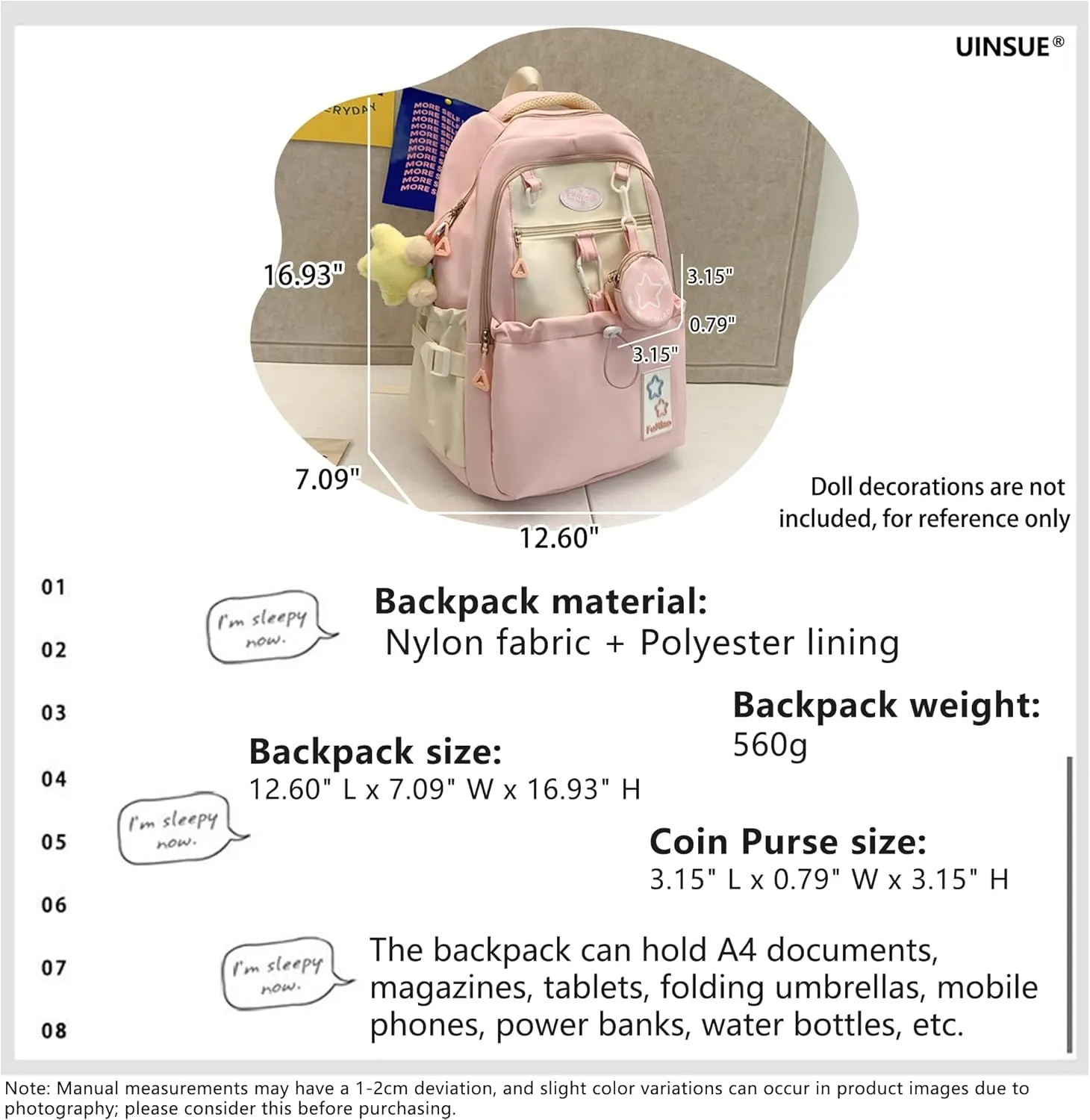 Kawaii Backpack Double Shoulder Straps Large Capacity Japanese Style Dopamine Color Daypack for Men and Women Fits Laptops Up to 15.6" (Pink)