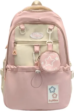 Kawaii Backpack Double Shoulder Straps Large Capacity Japanese Style Dopamine Color Daypack for Men and Women Fits Laptops Up to 15.6" (Pink)