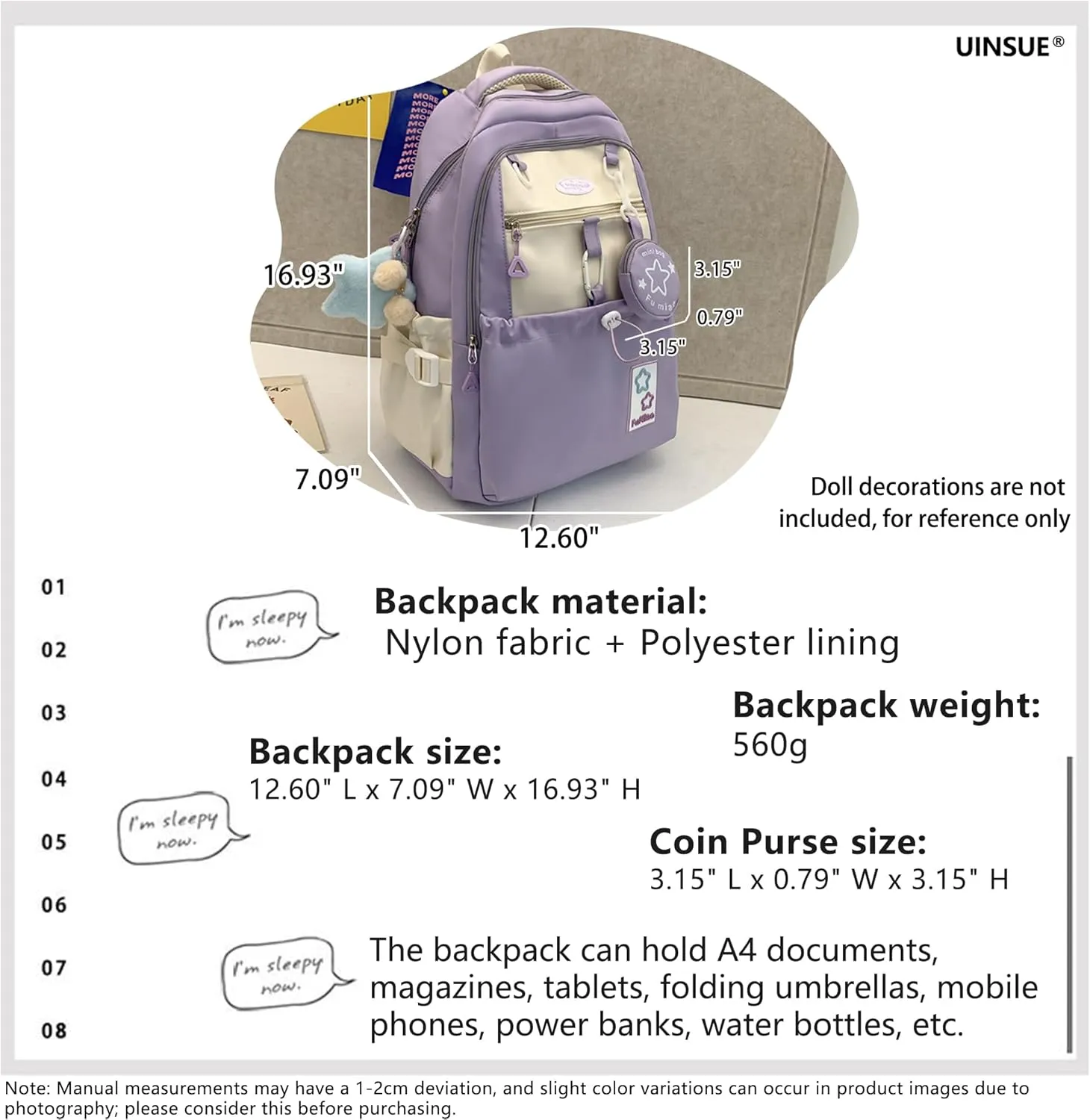 Kawaii Backpack Double Shoulder Straps Large Capacity Japanese Style Dopamine Color Daypack for Men and Women Fits Laptops Up to 15.6" (Purple)