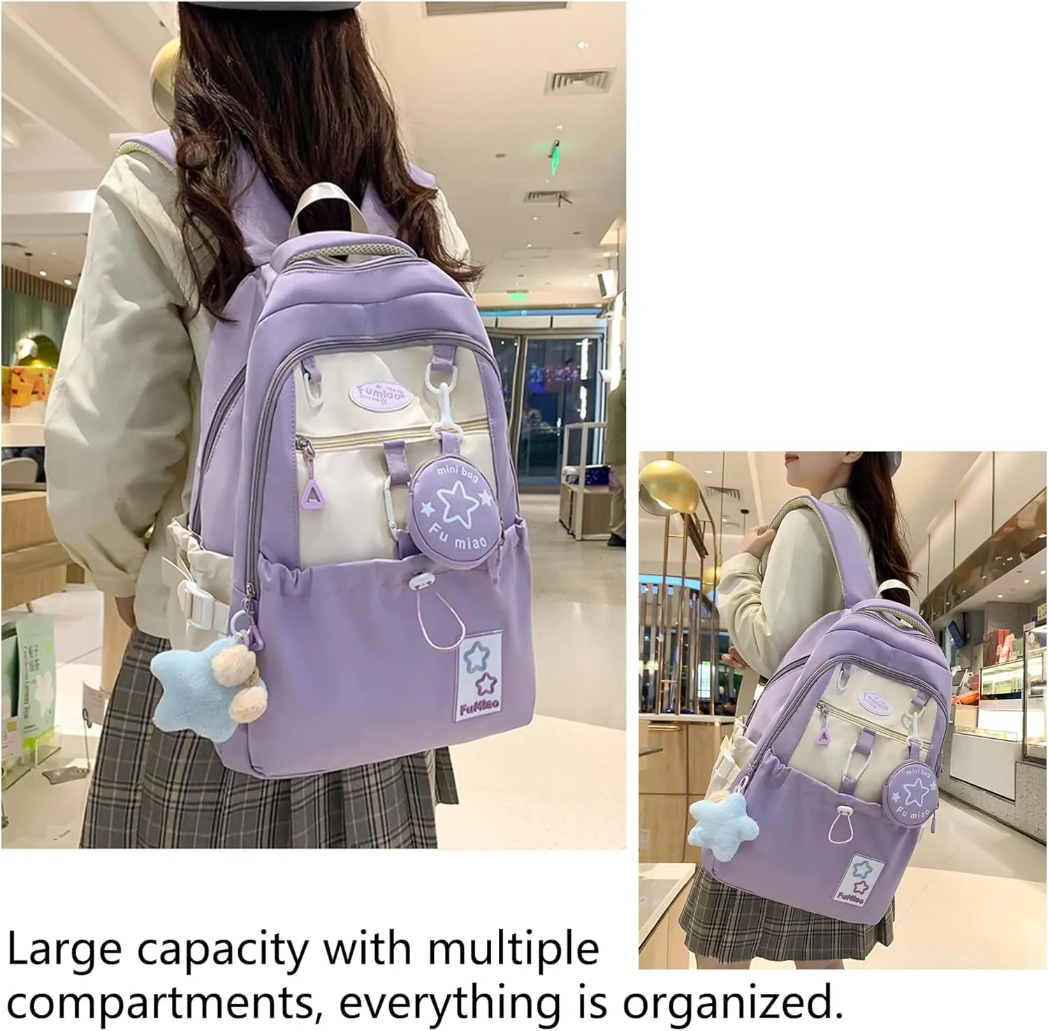Kawaii Backpack Double Shoulder Straps Large Capacity Japanese Style Dopamine Color Daypack for Men and Women Fits Laptops Up to 15.6" (Purple)