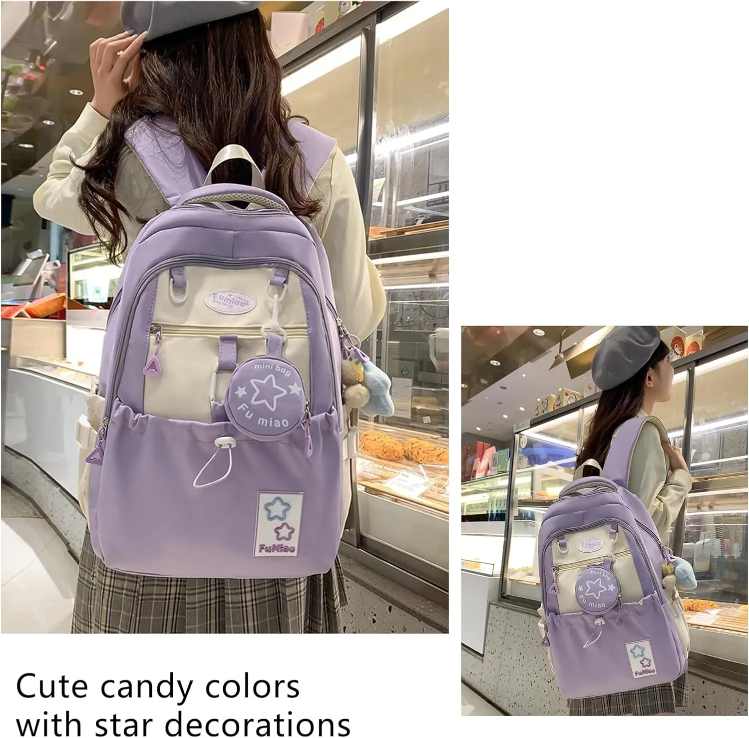 Kawaii Backpack Double Shoulder Straps Large Capacity Japanese Style Dopamine Color Daypack for Men and Women Fits Laptops Up to 15.6" (Purple)