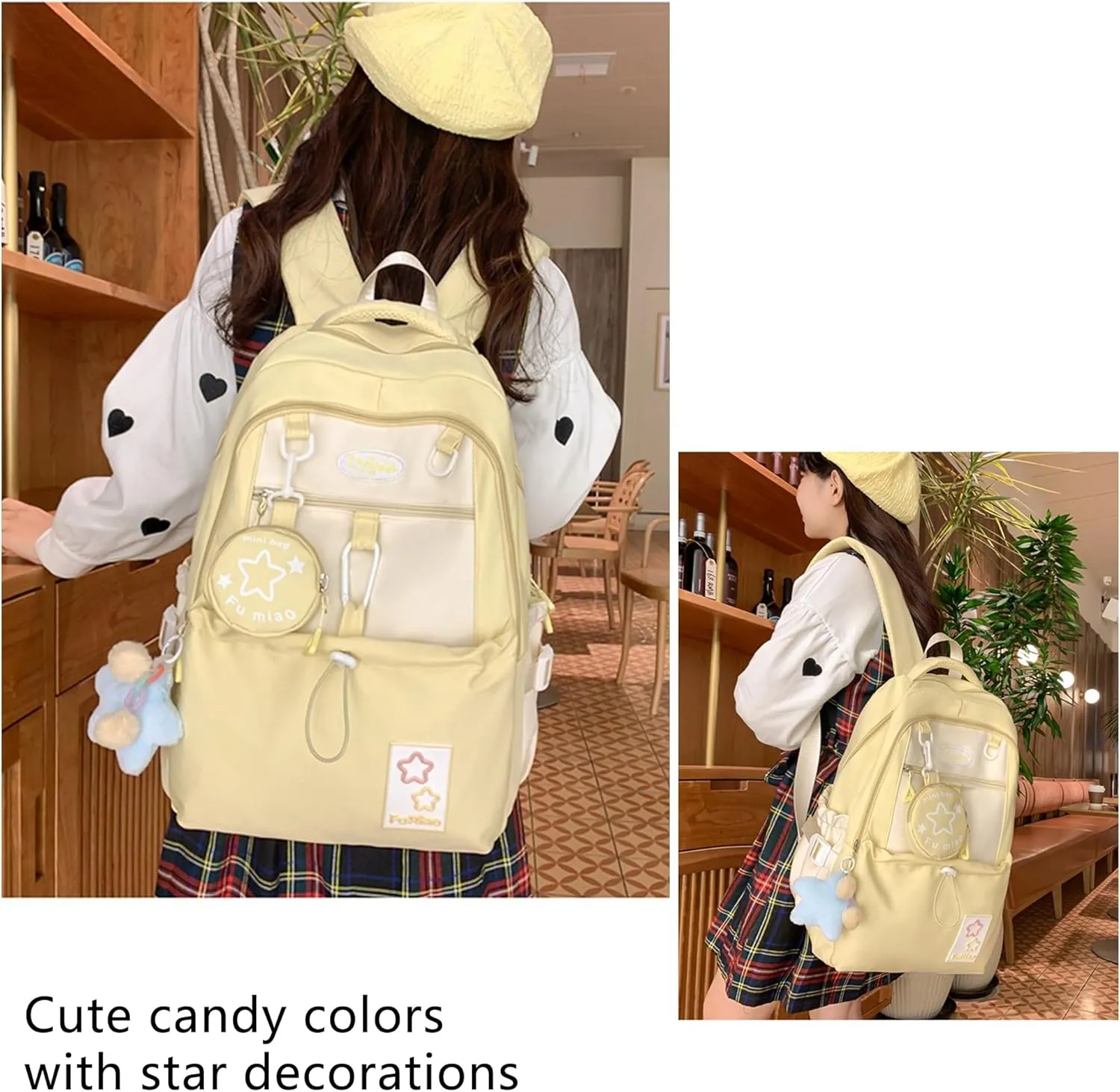 Kawaii Backpack Double Shoulder Straps Large Capacity Japanese Style Dopamine Color Daypack for Men and Women Fits Laptops Up to 15.6" (Yellow)
