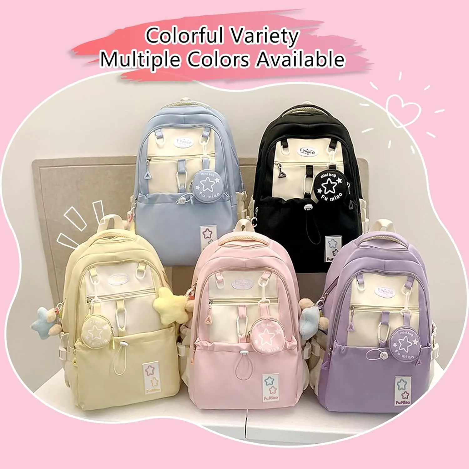 Kawaii Backpack Double Shoulder Straps Large Capacity Japanese Style Dopamine Color Daypack for Men and Women Fits Laptops Up to 15.6" (Yellow)